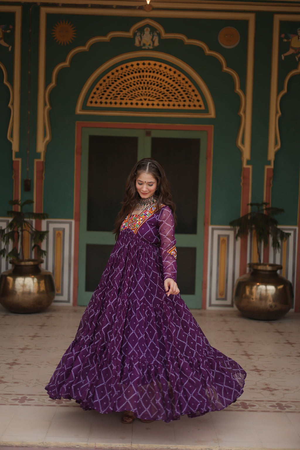 Purple bandhani georgette Naisha designer Anarkali gown