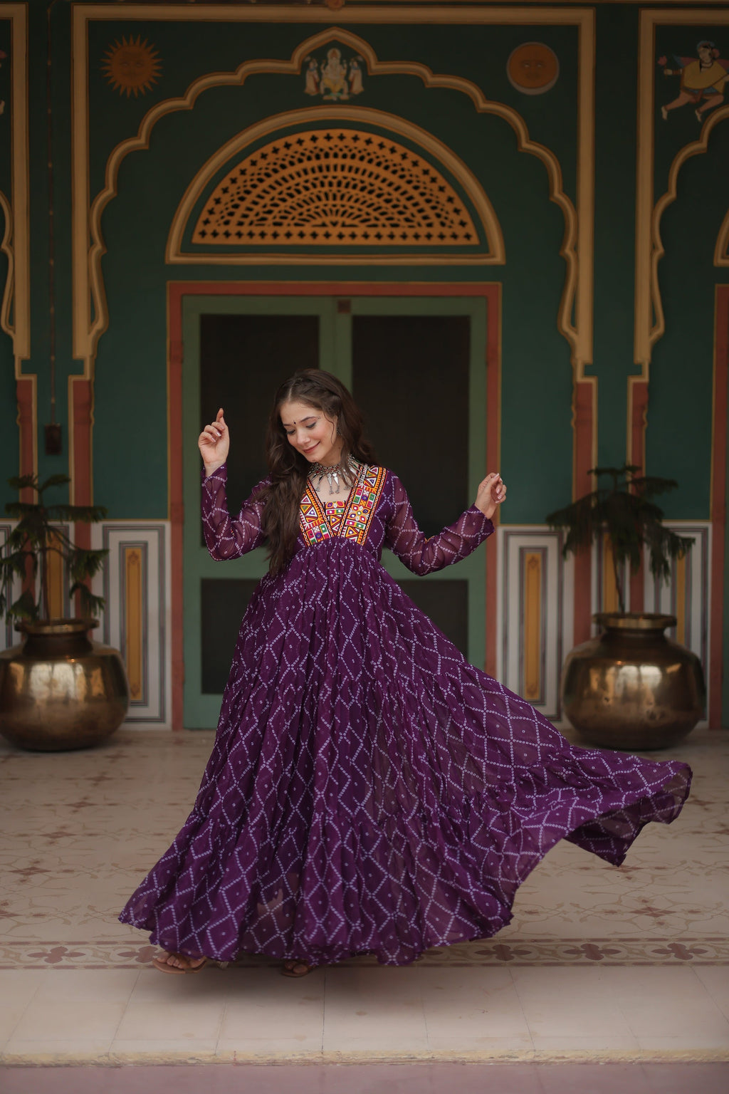 Purple bandhani georgette Naisha designer Anarkali gown