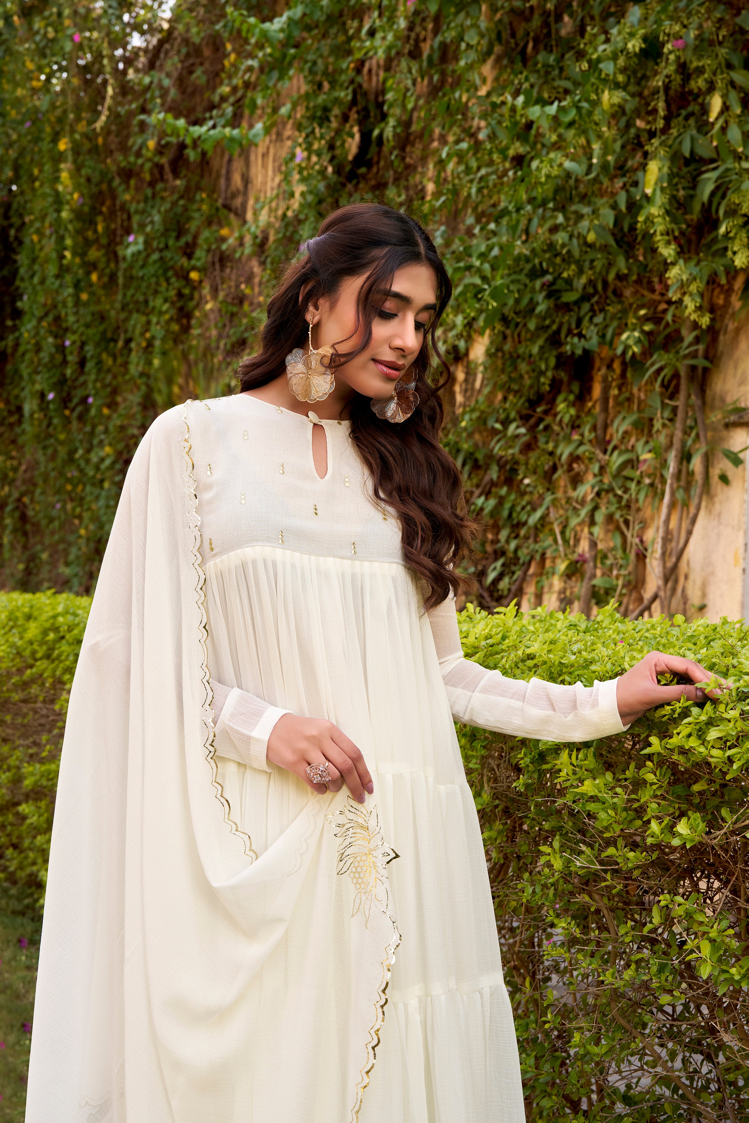 Nalini white marble foil work anarkali suit set with dupatta