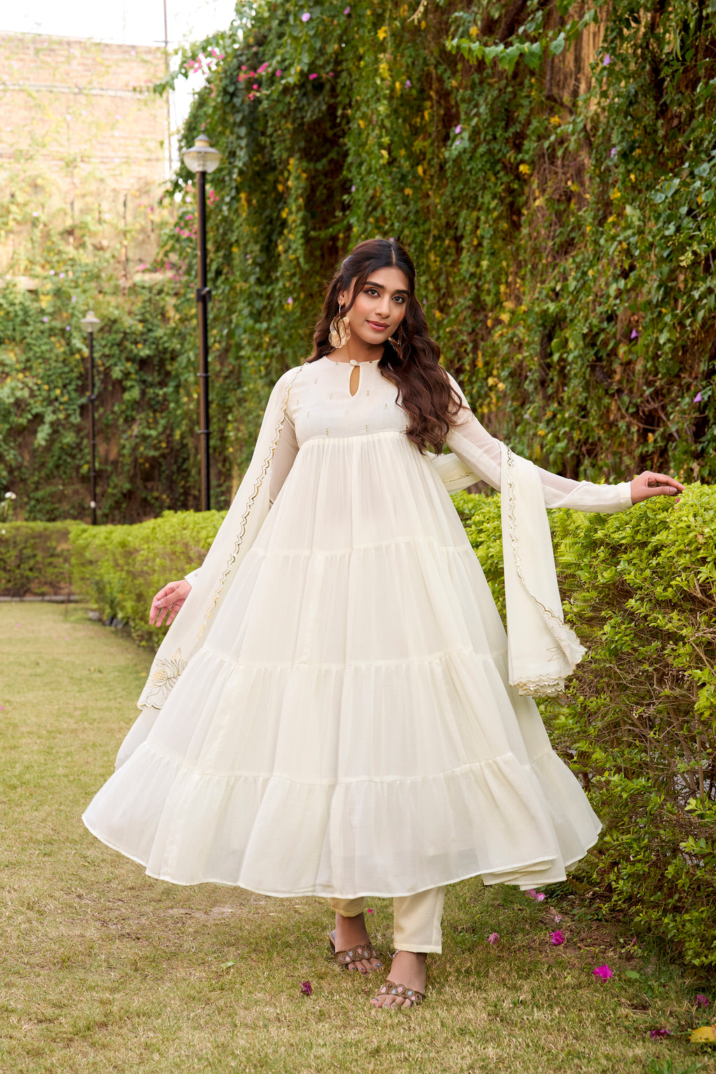 Nalini white marble foil work anarkali suit set with dupatta