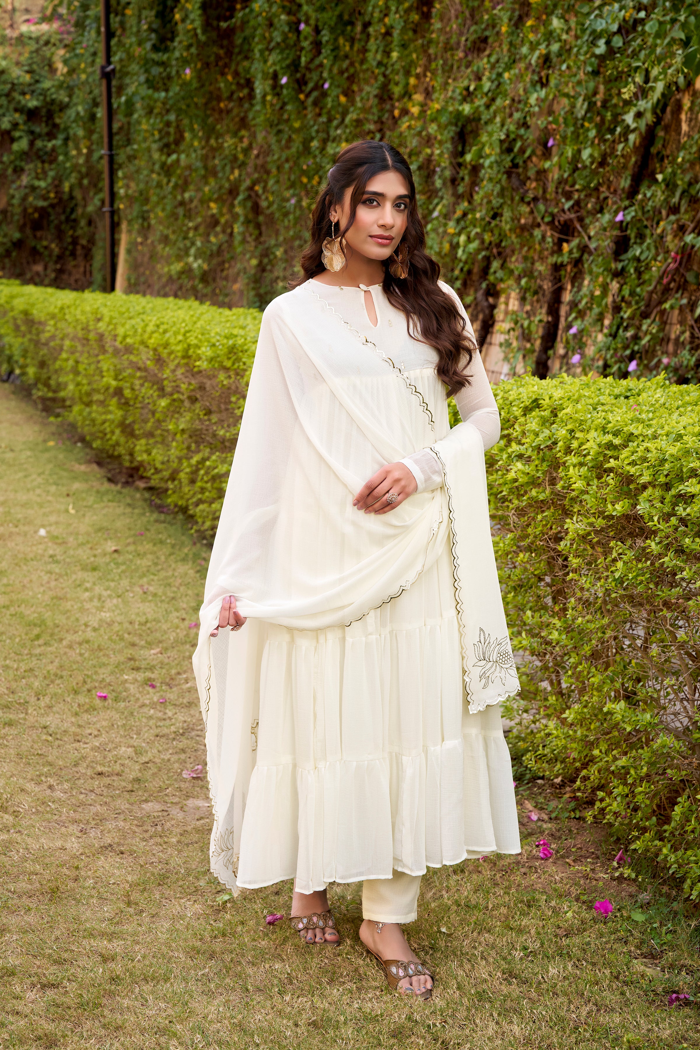 Nalini white marble foil work anarkali suit set with dupatta