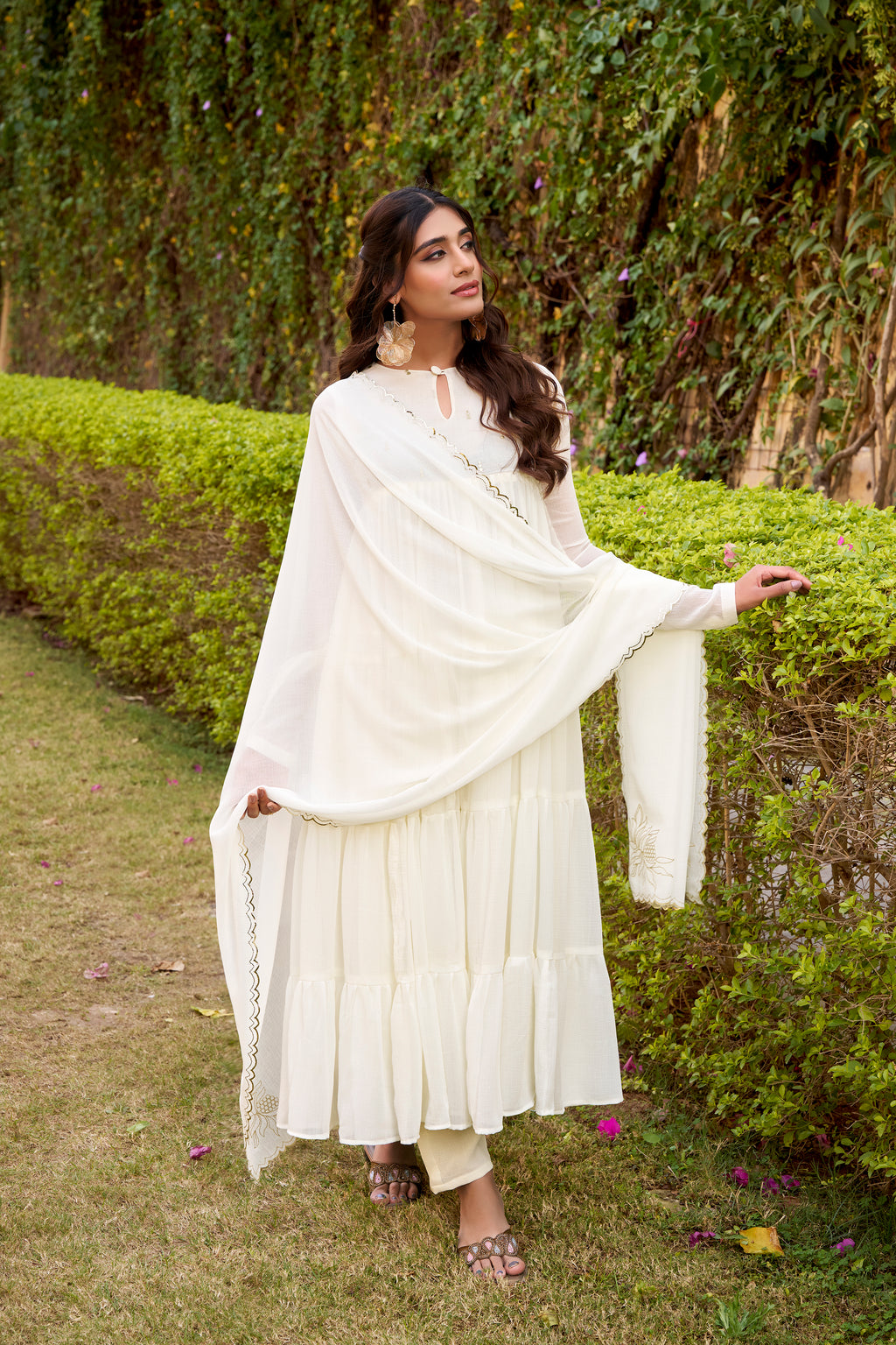 Nalini white marble foil work anarkali suit set with dupatta