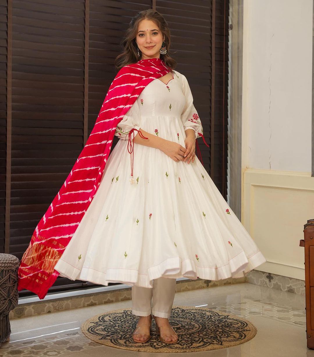 Navika White-Red Embroidered Georgette Anarkali Suit Set