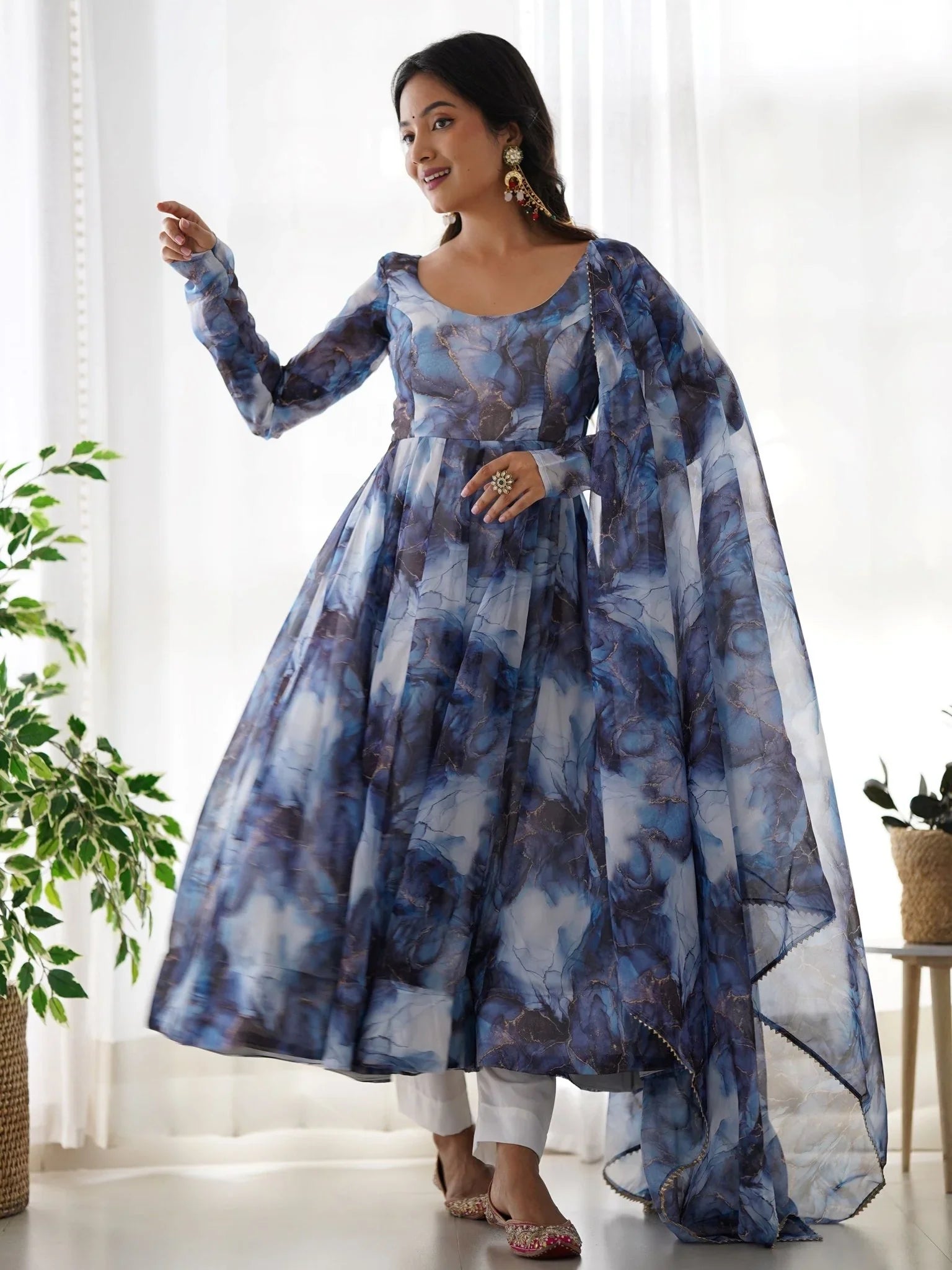 Navy Blue Organza Silk Marble Print Anarkali Suit Set with Dupatta