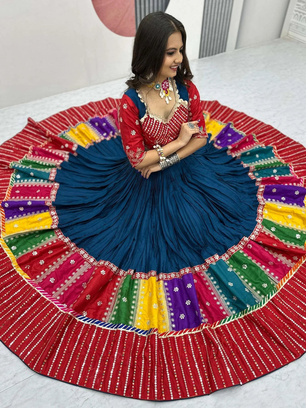 Navy Blue Pure Cotton Embroidered Sequins Work Lehenga Choli with Dupatta