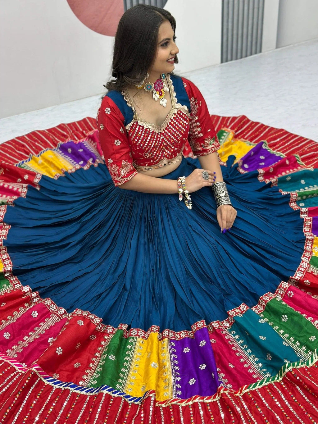 Navy Blue Pure Cotton Embroidered Sequins Work Lehenga Choli with Dupatta