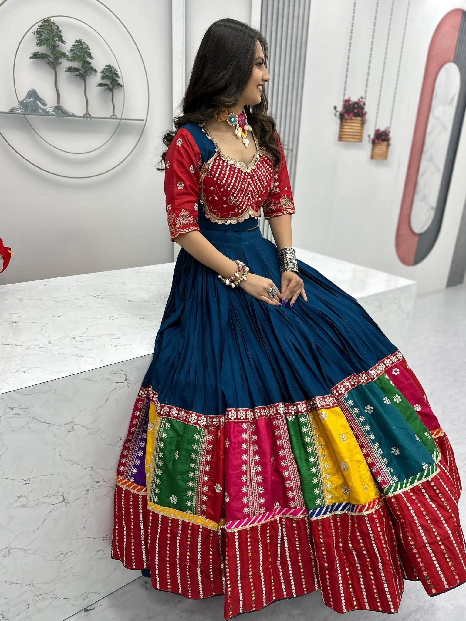 Navy Blue Pure Cotton Embroidered Sequins Work Lehenga Choli with Dupatta