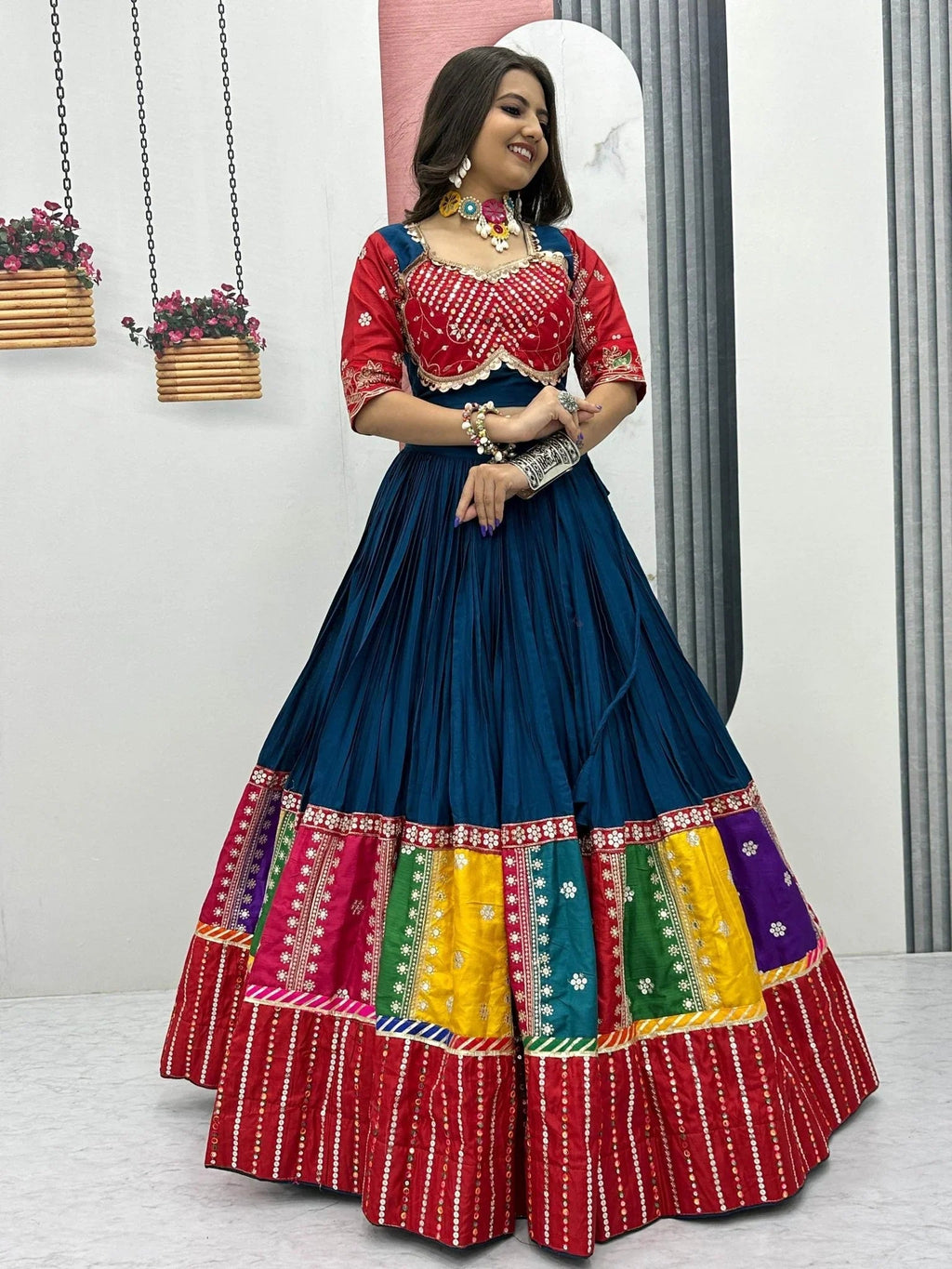 Navy Blue Pure Cotton Embroidered Sequins Work Lehenga Choli with Dupatta