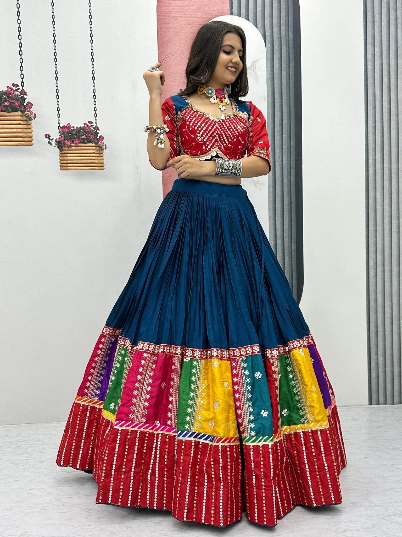 Navy Blue Pure Cotton Embroidered Sequins Work Lehenga Choli with Dupatta
