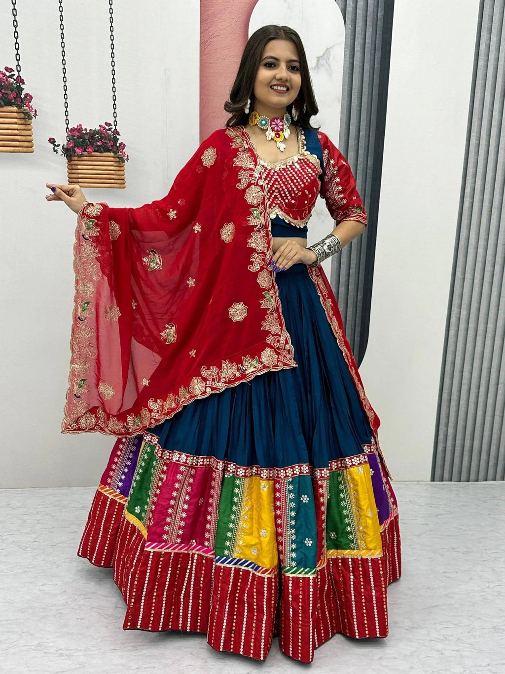 Navy Blue Pure Cotton Embroidered Sequins Work Lehenga Choli with Dupatta
