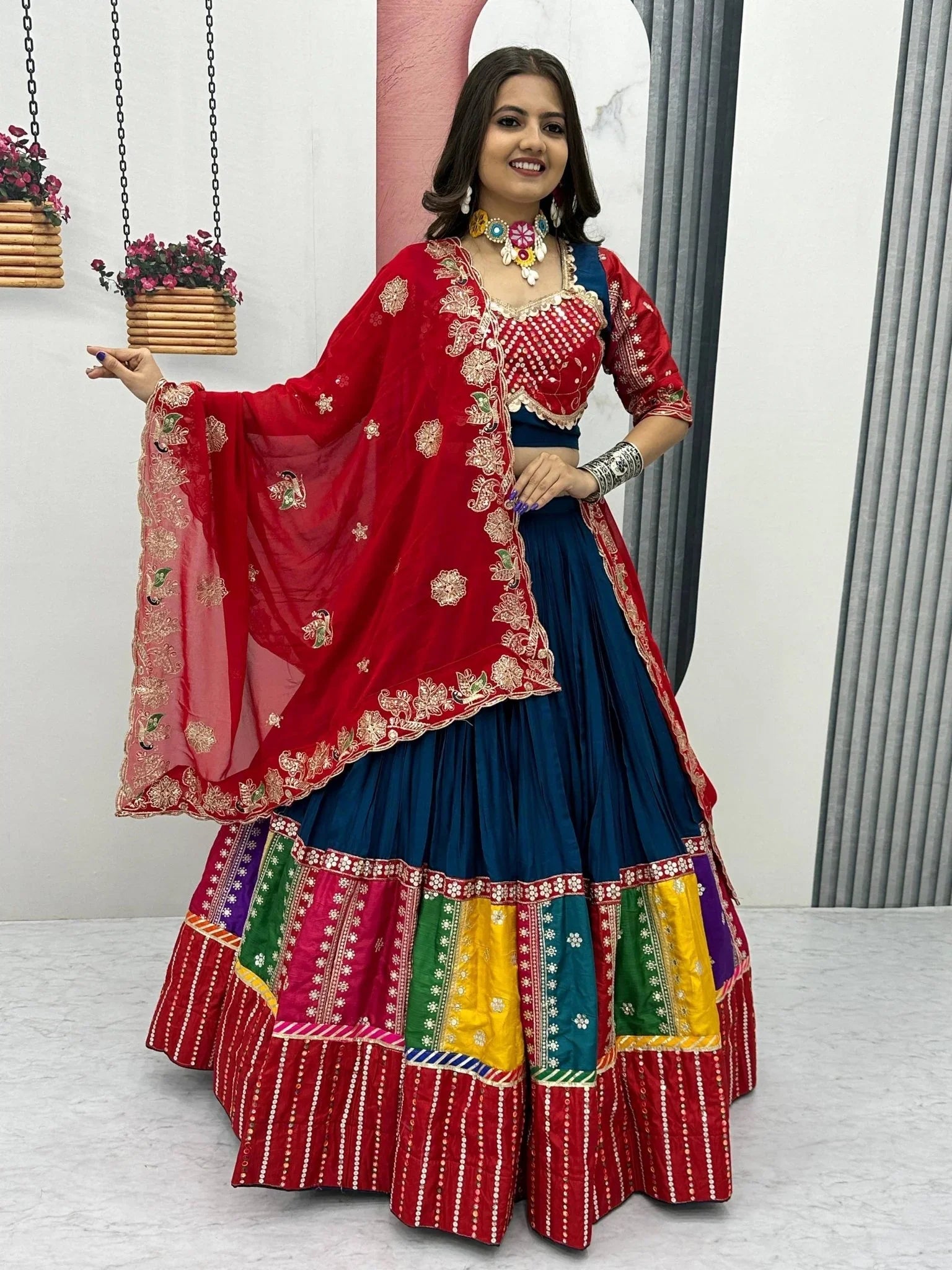Navy Blue Pure Cotton Embroidered Sequins Work Lehenga Choli with Dupatta