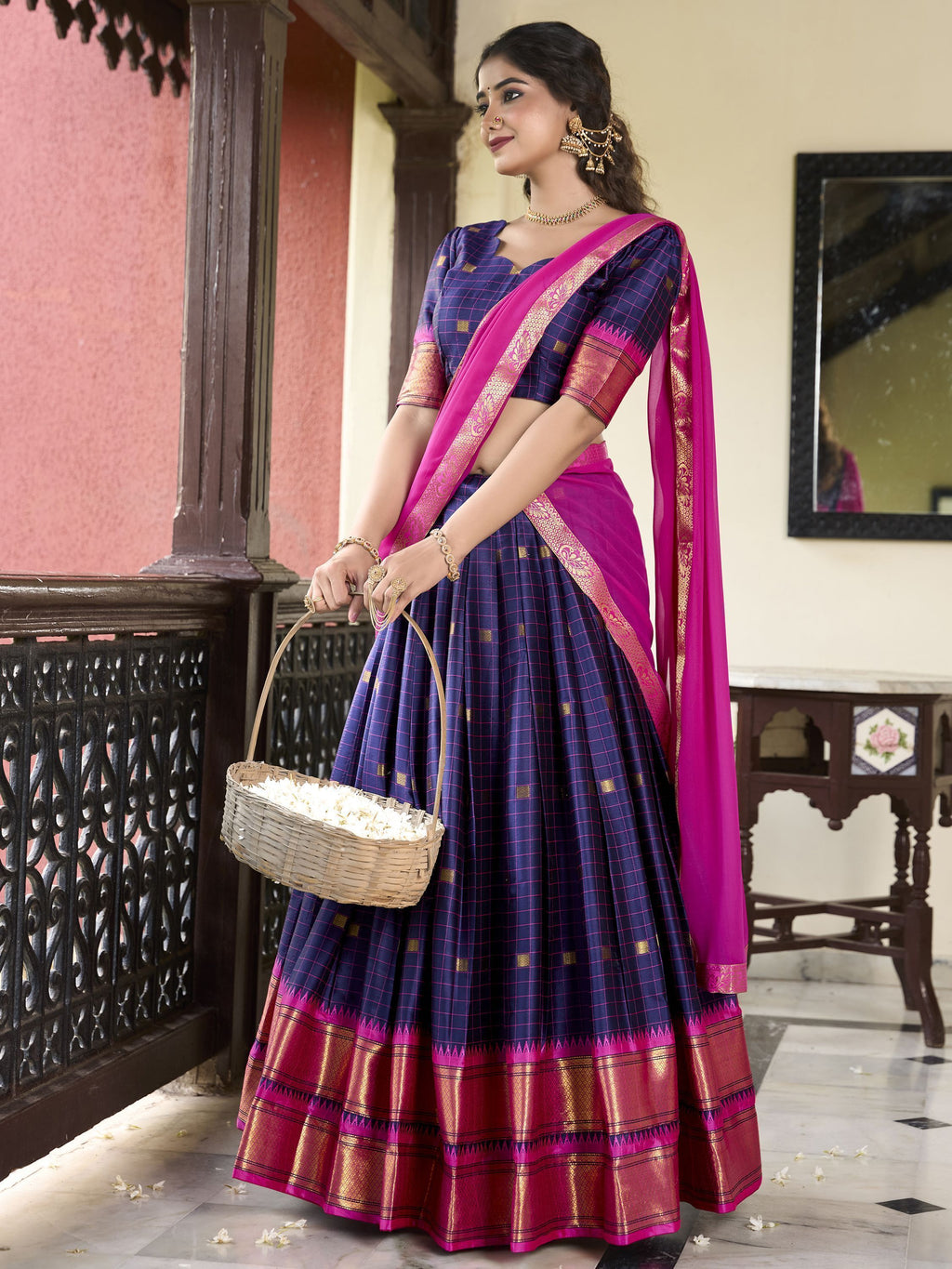 Navy Blue Cotton Silk Paithani Weaving Work Traditional Lehenga Choli