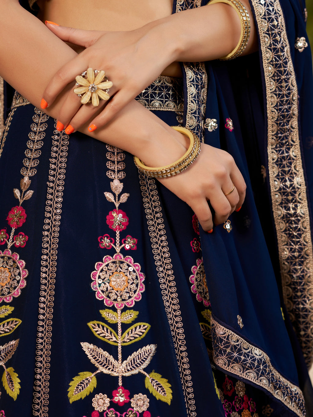 Navya deep navy blue floral embroidered lehenga choli with dupatta