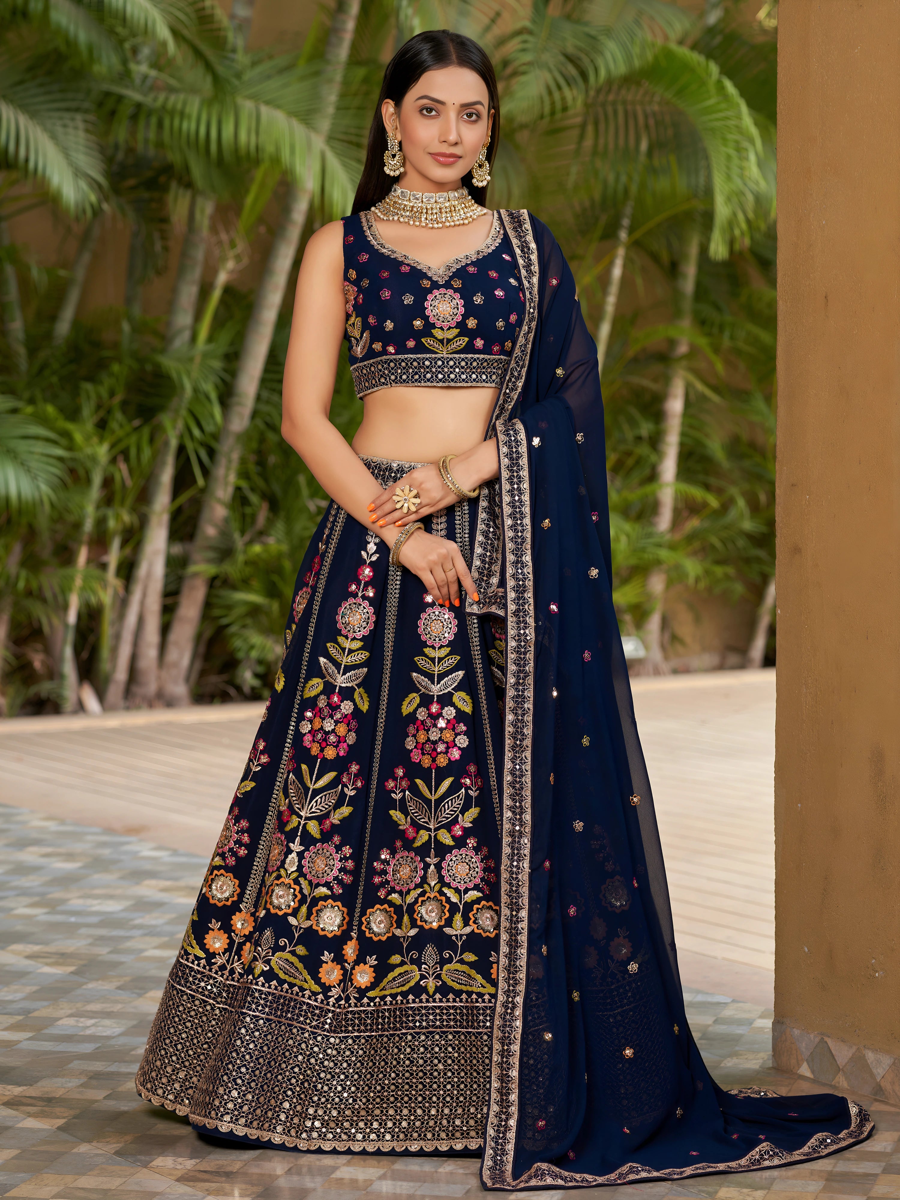 Navya Deep Navy Blue Color Floral Embroidered Lehenga Choli with Dupatta