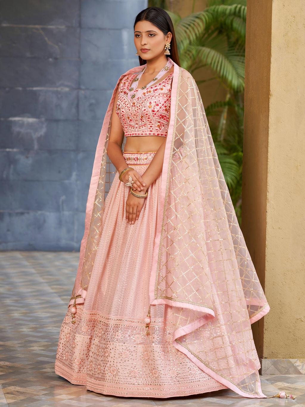 Navya Blush Pink Color Georgette Embroidered Lehenga Choli with Dupatta