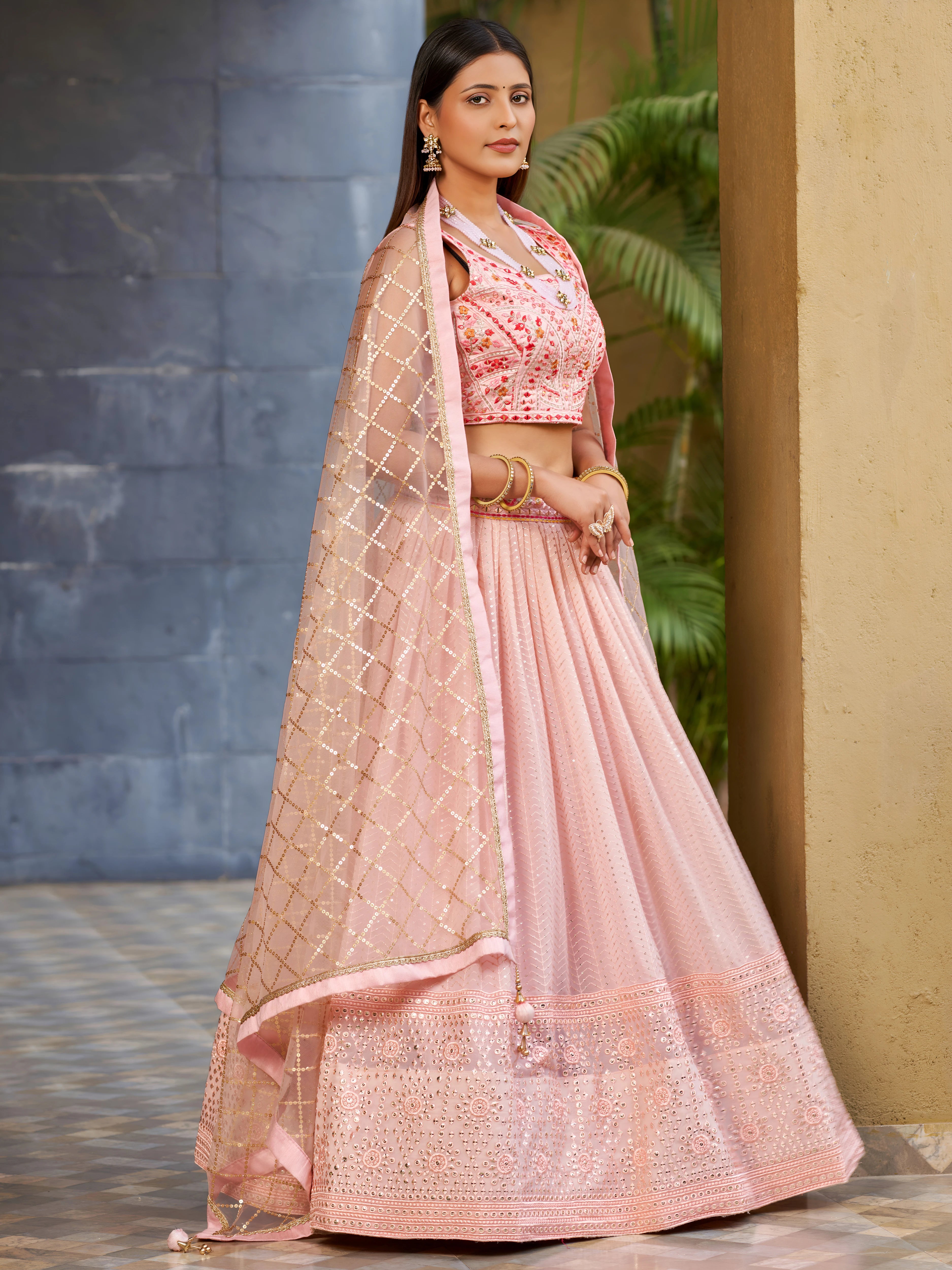 Navya Blush Pink Color Georgette Embroidered Lehenga Choli with Dupatta