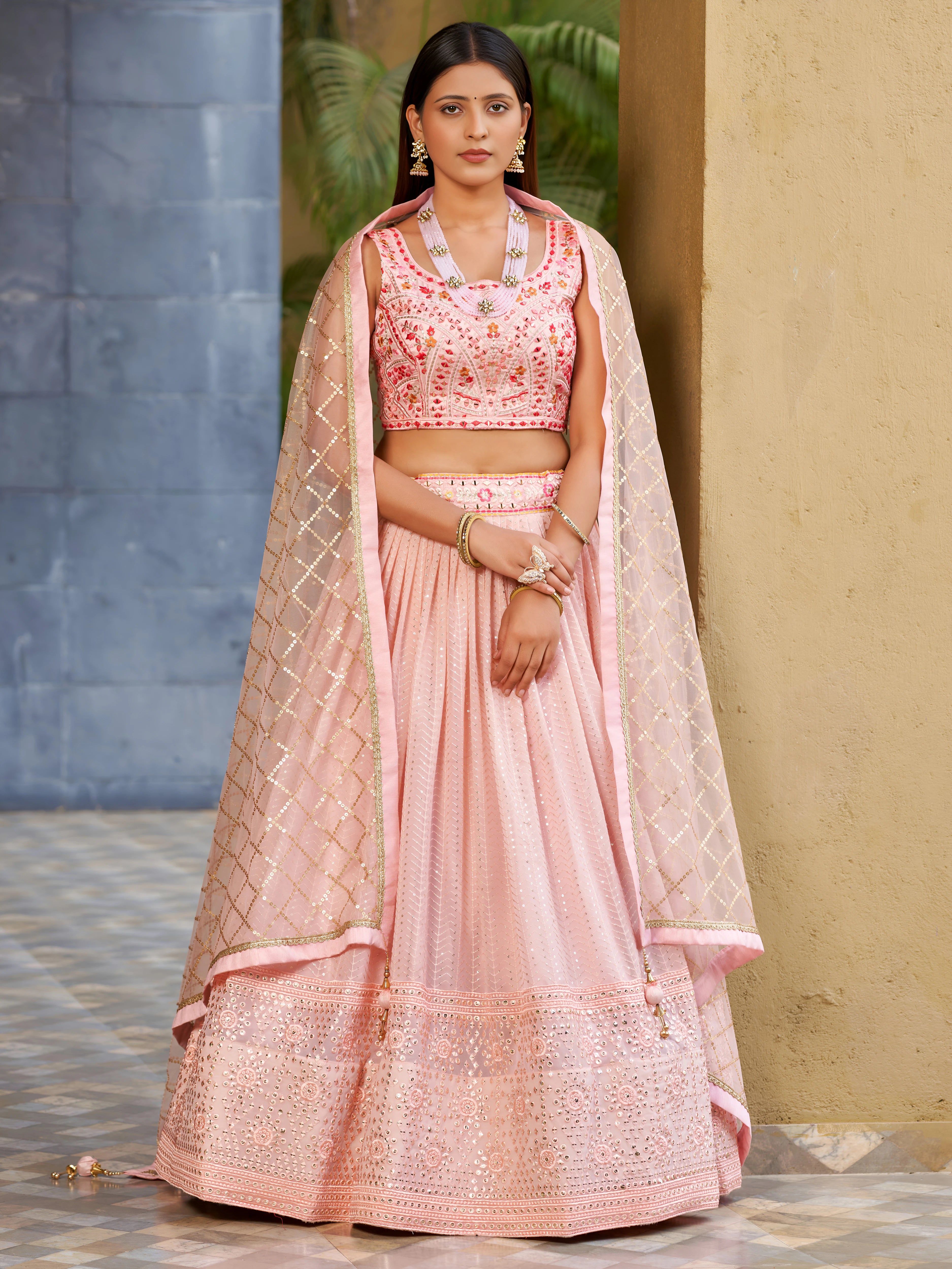 Navya Blush Pink Color Georgette Embroidered Lehenga Choli with Dupatta