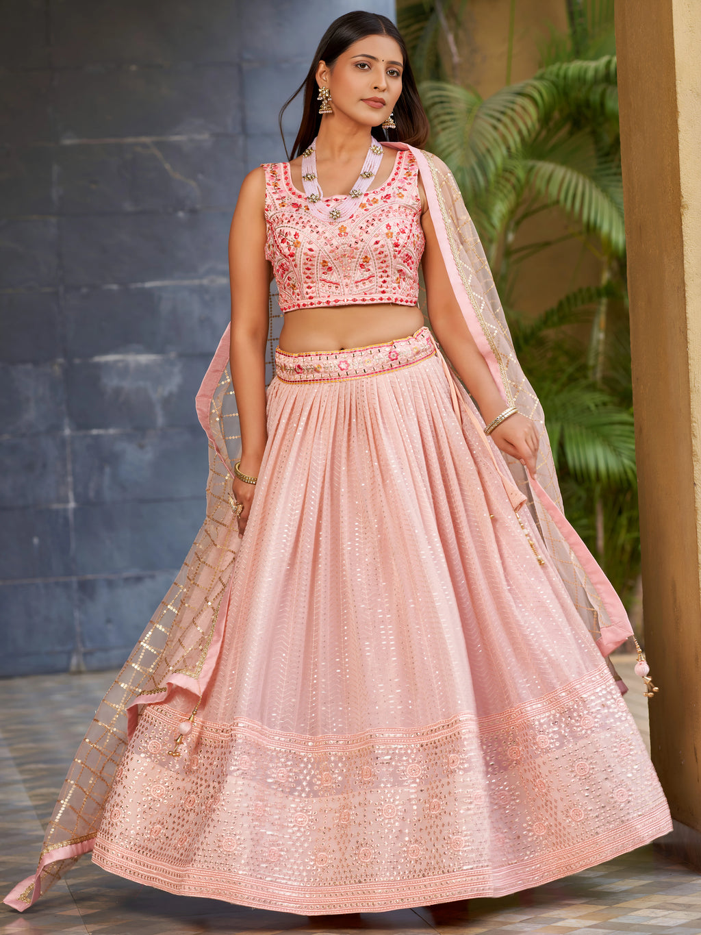 Navya Blush Pink Color Georgette Embroidered Lehenga Choli with Dupatta