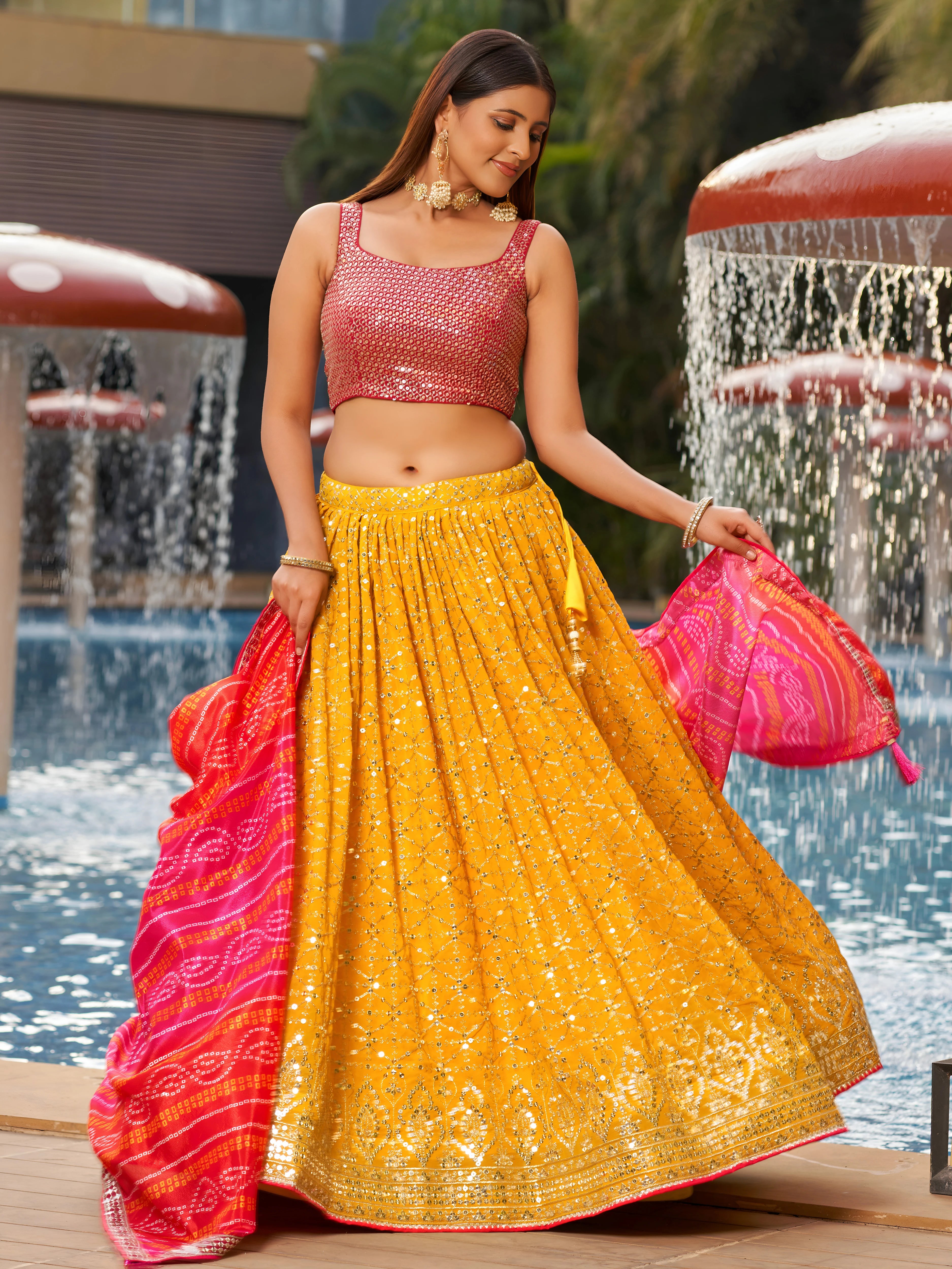 Navya Sunlit Yellow Color Embroidered Lehenga Choli with Bandhani Dupatta