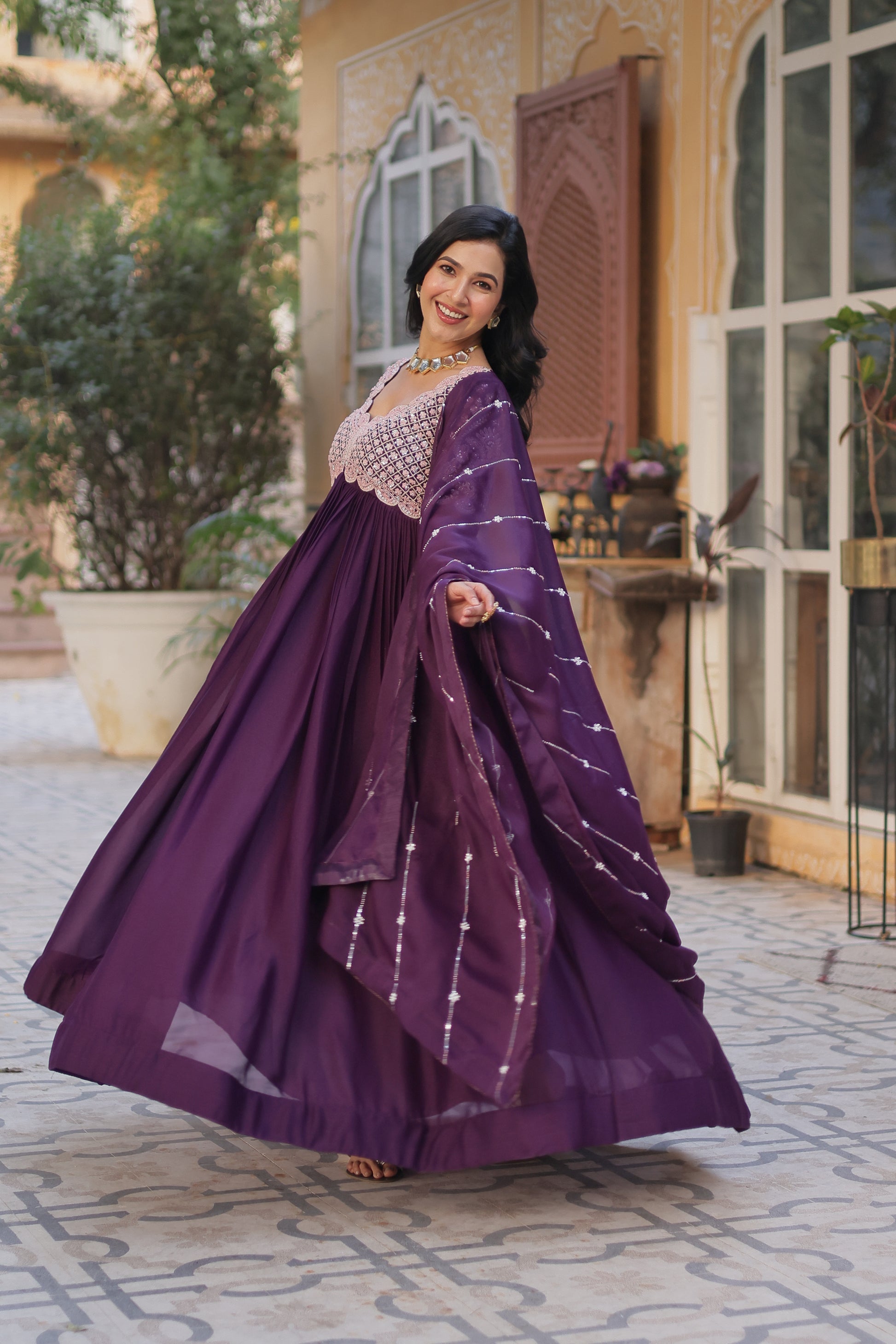 Neera Wine Embroidered Alia Cut Anarkali Gown Set