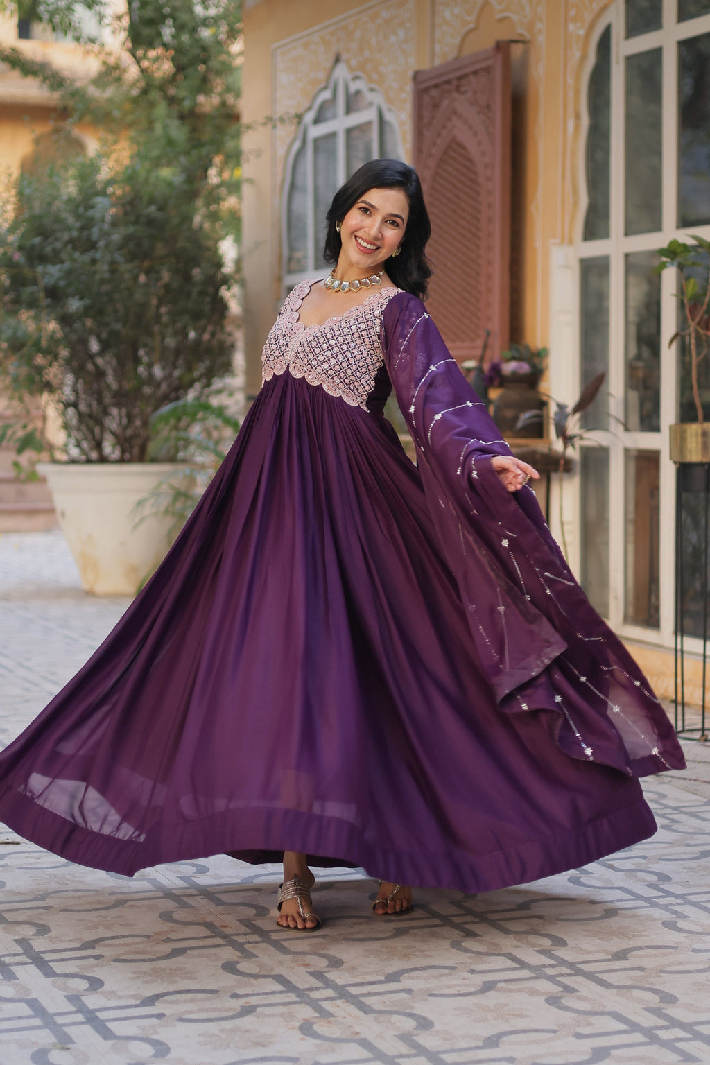 Neera Wine Embroidered Alia Cut Anarkali Gown Set