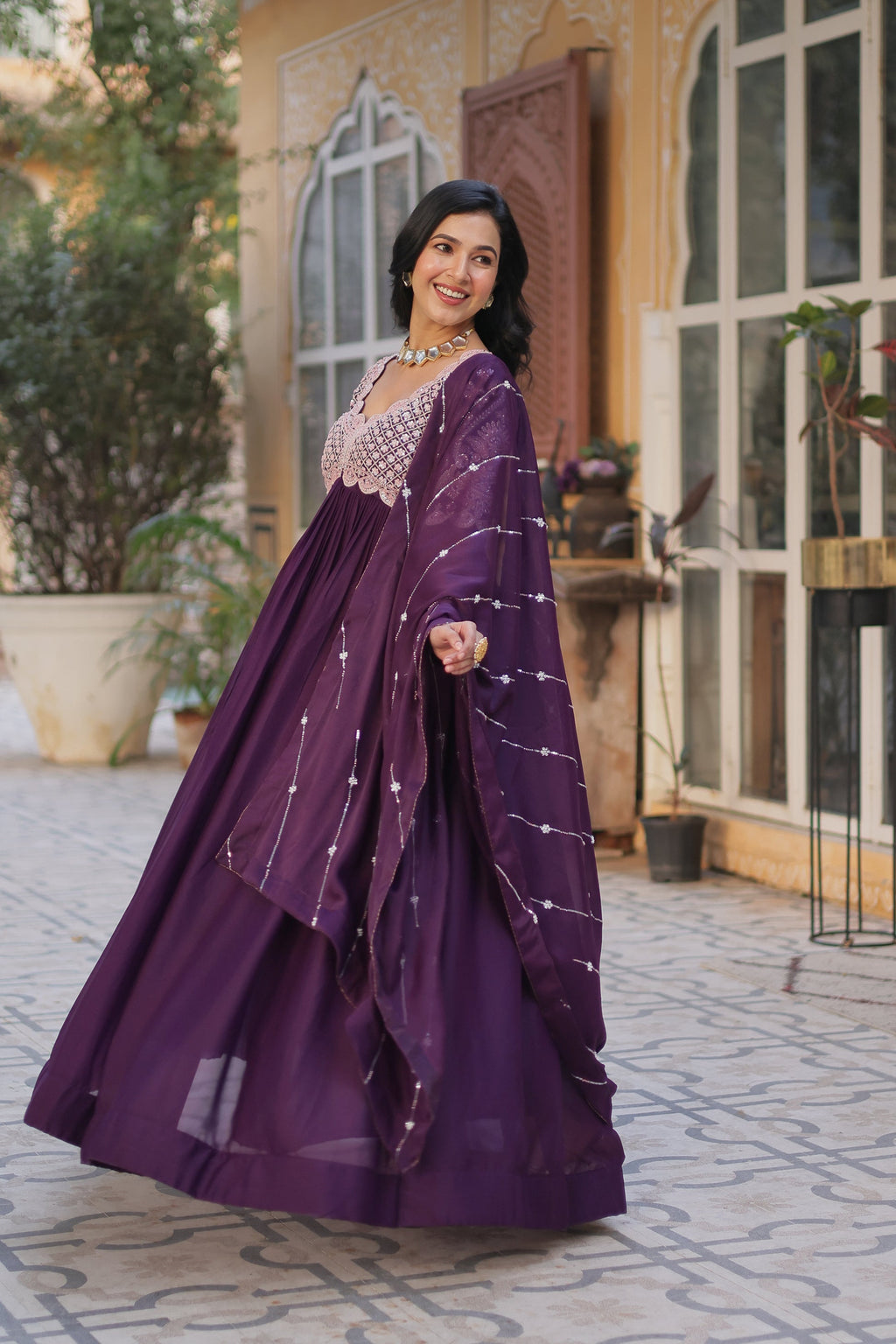 Neera Wine Embroidered Alia Cut Anarkali Gown Set