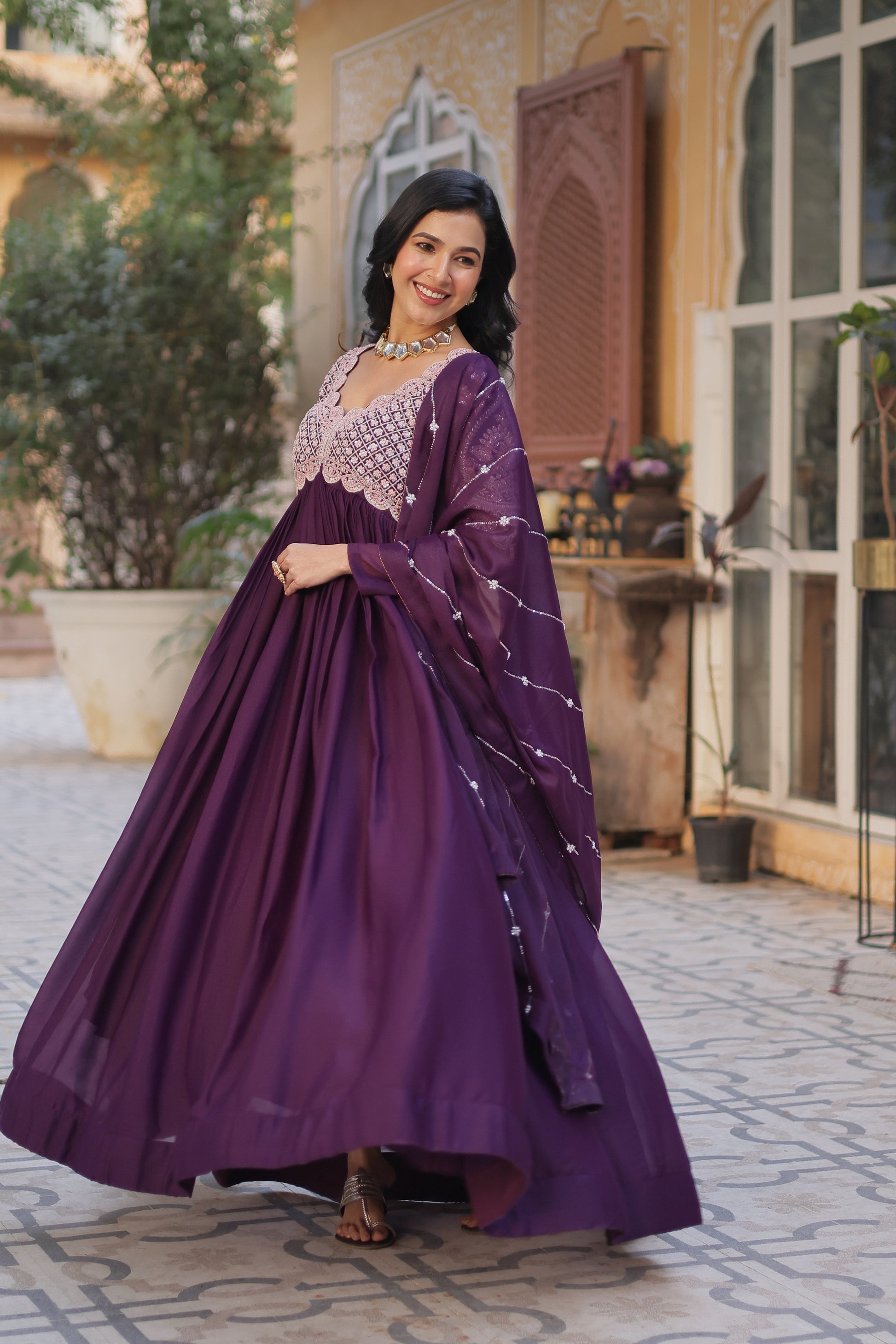 Neera Wine Embroidered Alia Cut Anarkali Gown Set