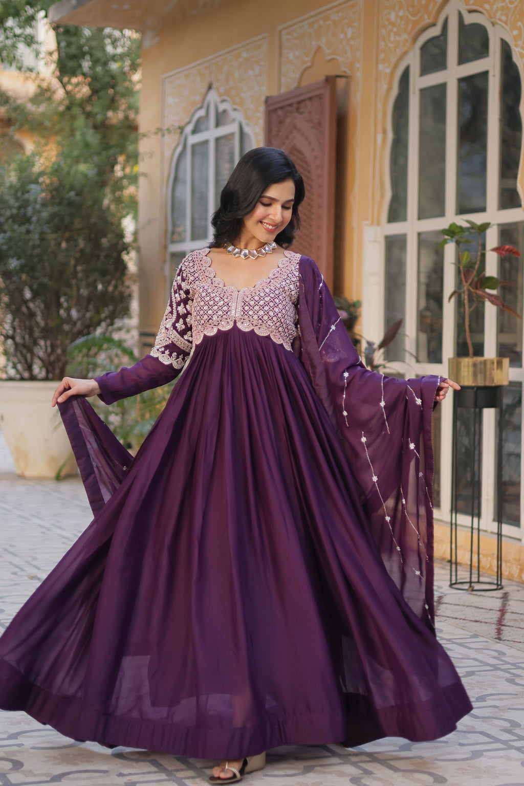 Neera Wine Embroidered Alia Cut Anarkali Gown Set