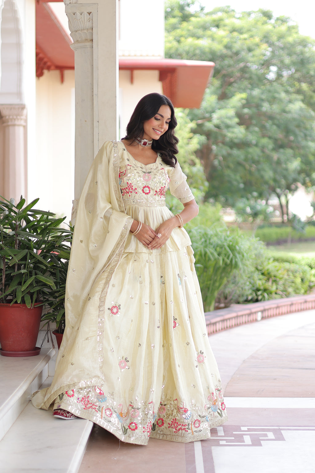 Nimi Off-White Gold Crush Embroidery Zari Sequins Work Lehenga Choli