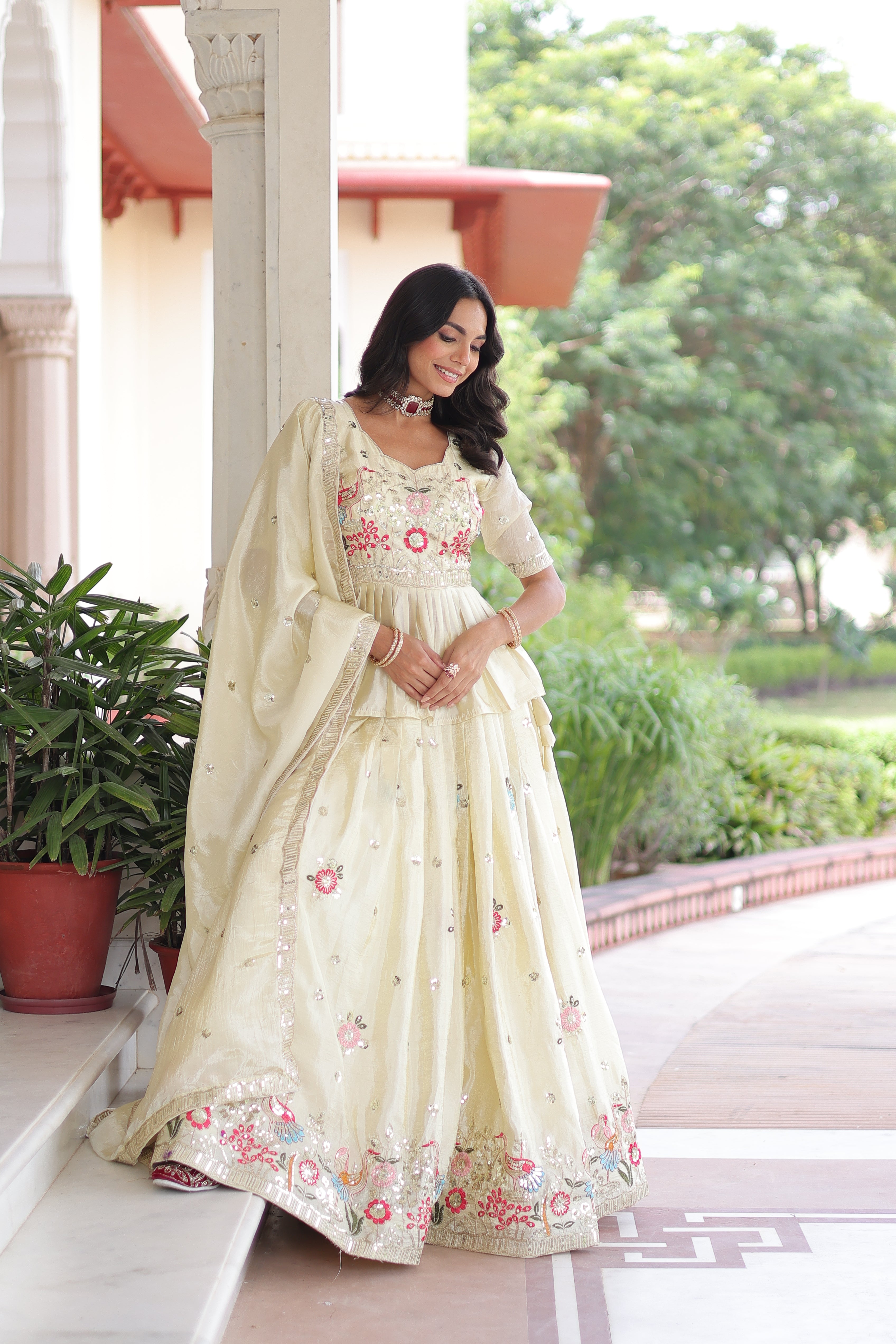 Nimi Off-White Gold Crush Embroidery Zari Sequins Work Lehenga Choli