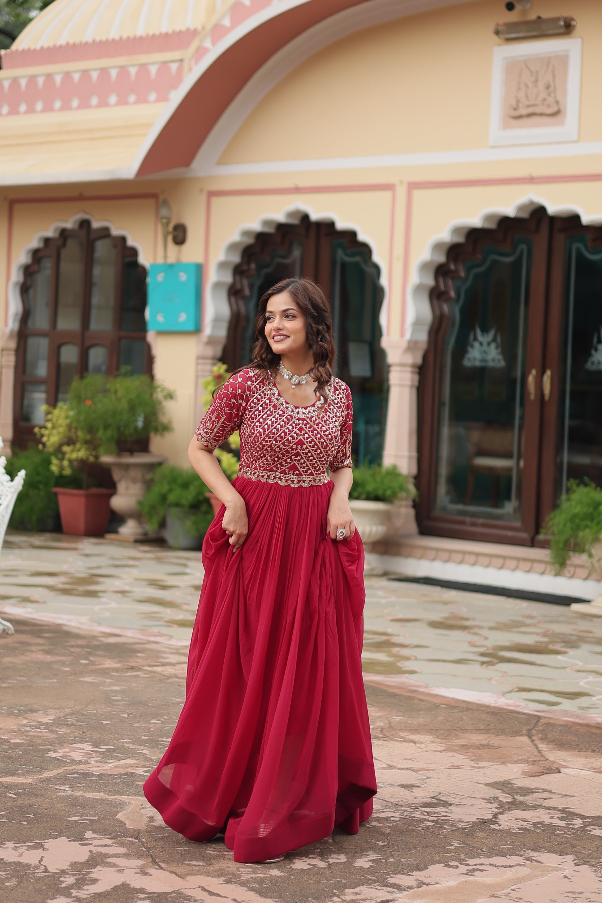 Pink embroidered Nirvi designer flared Anarkali gown