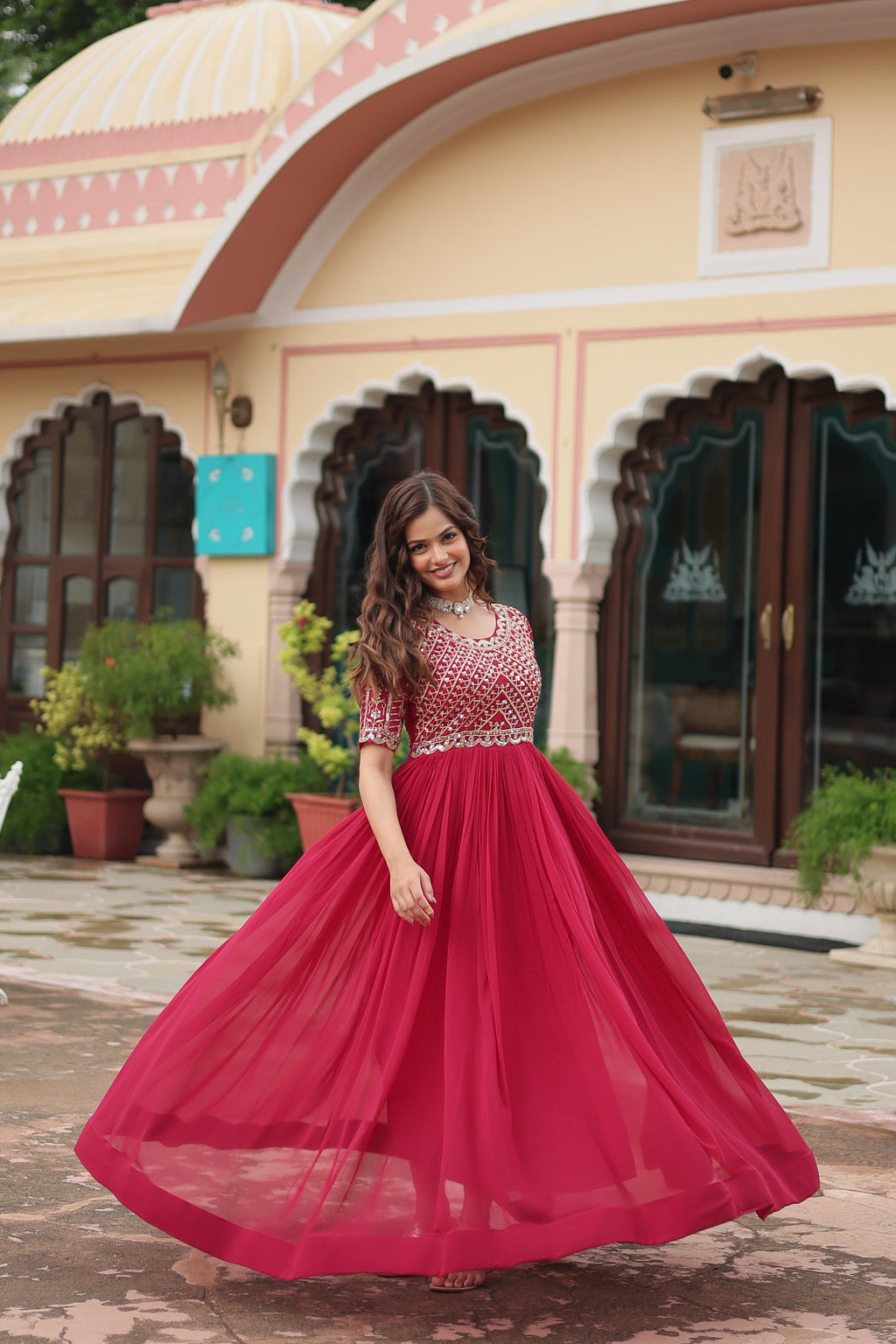 Pink embroidered Nirvi designer flared Anarkali gown