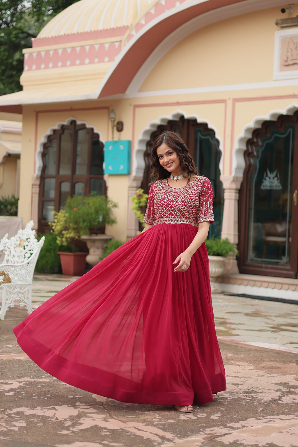 Pink embroidered Nirvi designer flared Anarkali gown