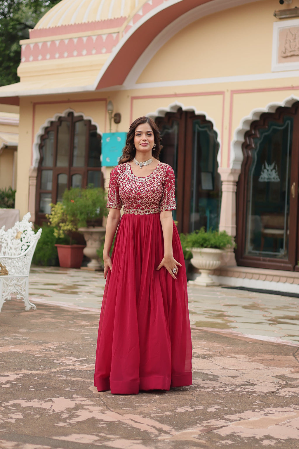 Pink embroidered Nirvi designer flared Anarkali gown