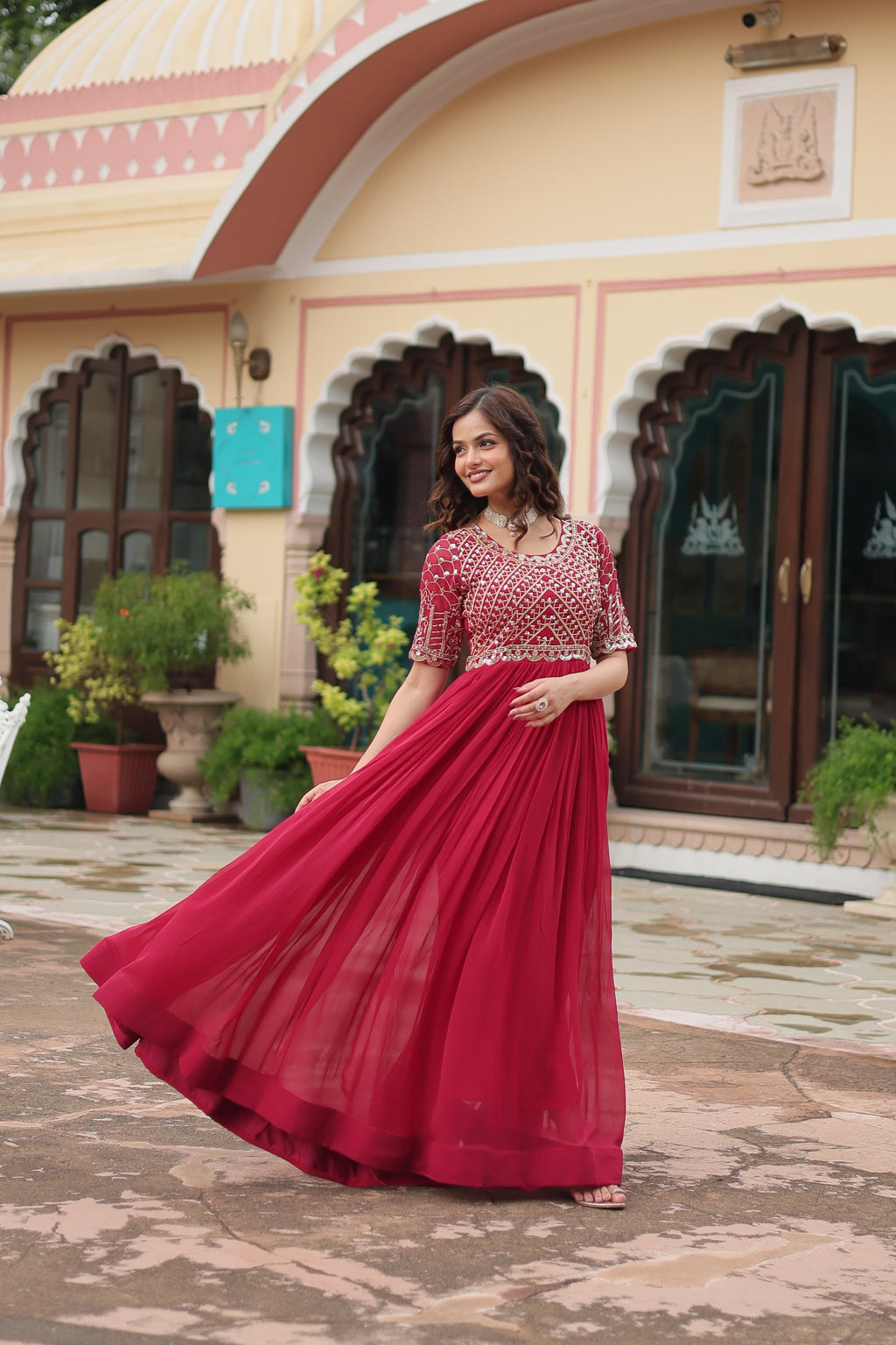 Pink embroidered Nirvi designer flared Anarkali gown