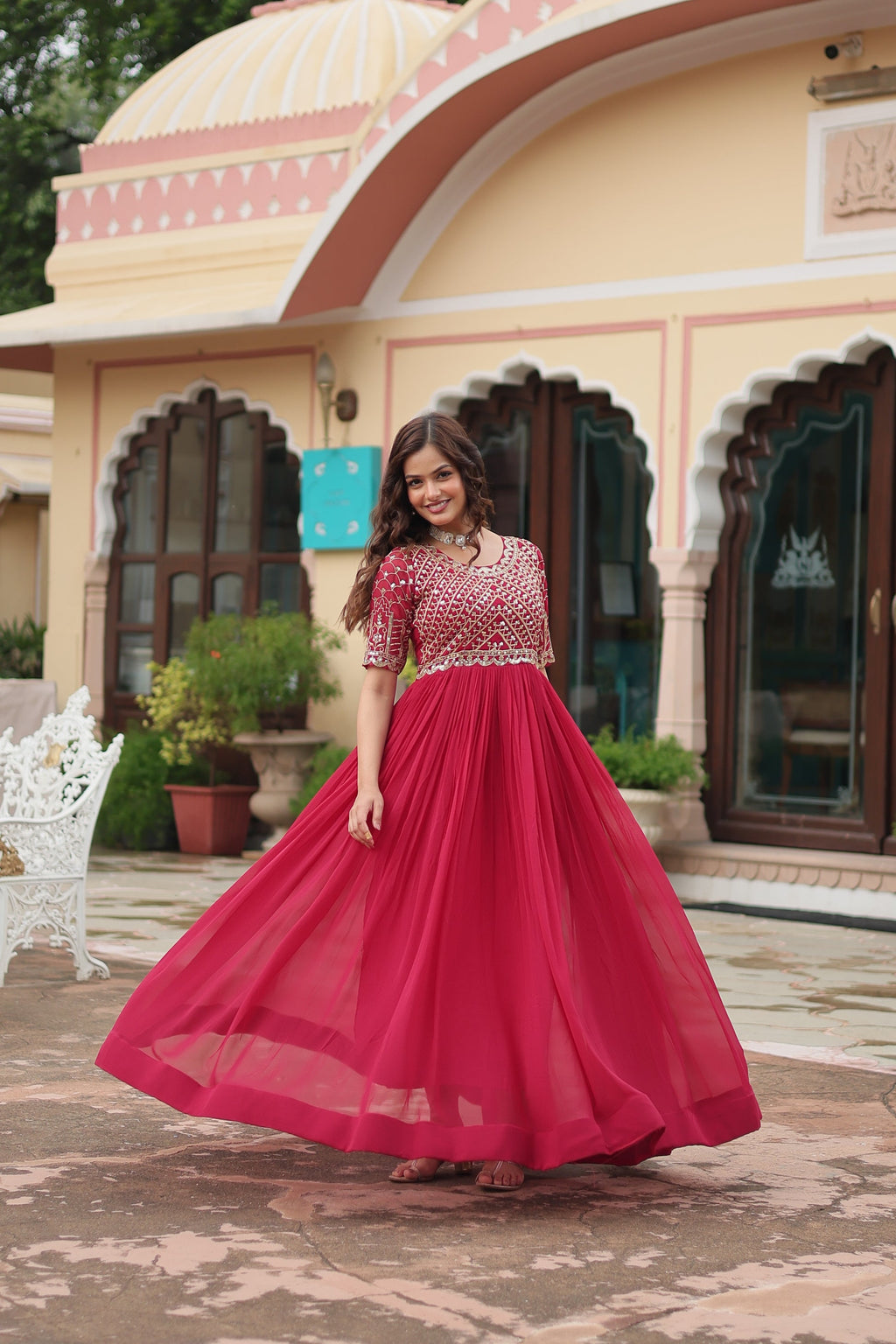 Pink embroidered Nirvi designer flared Anarkali gown