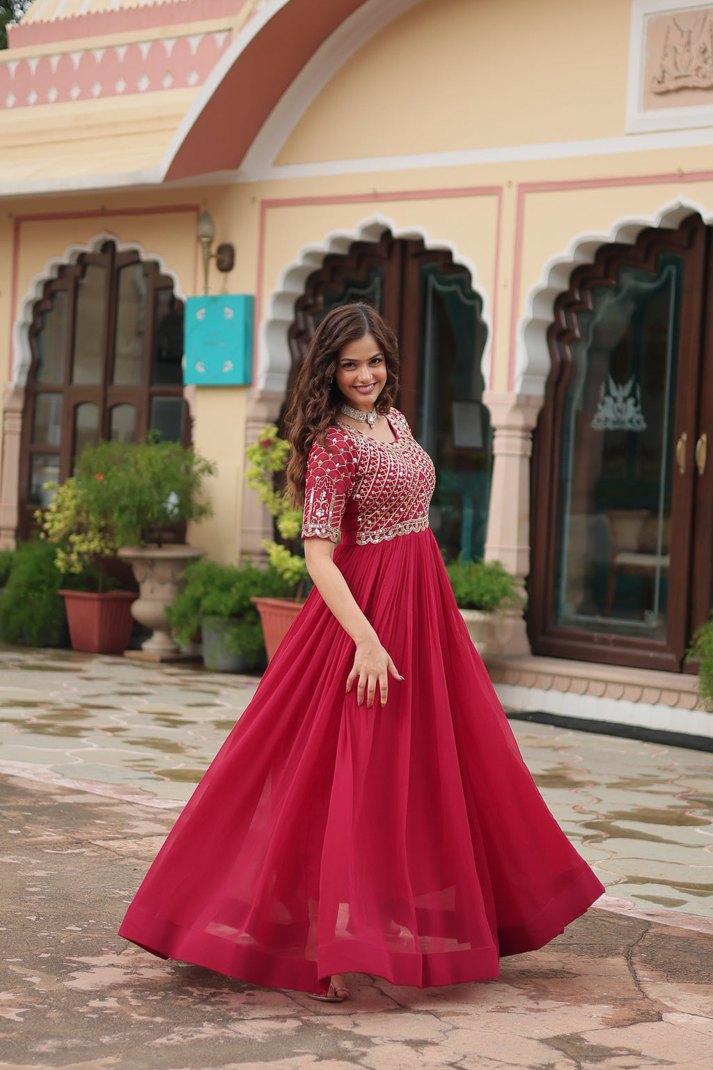 Pink embroidered Nirvi designer flared Anarkali gown