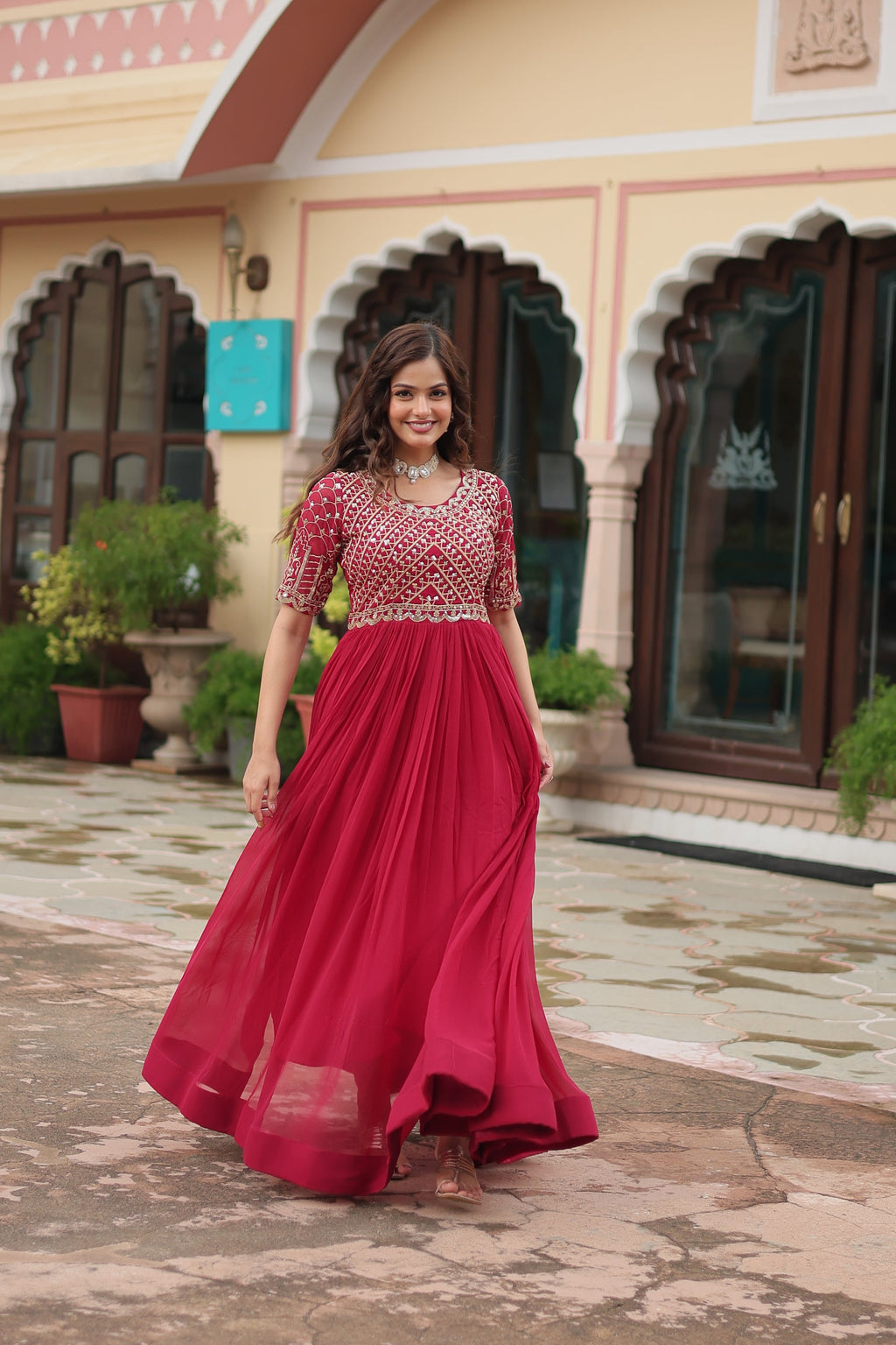 Pink embroidered Nirvi designer flared Anarkali gown