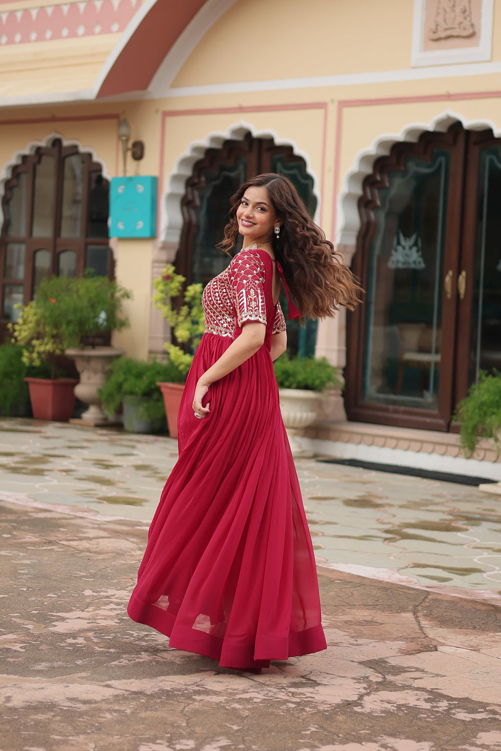 Pink embroidered Nirvi designer flared Anarkali gown
