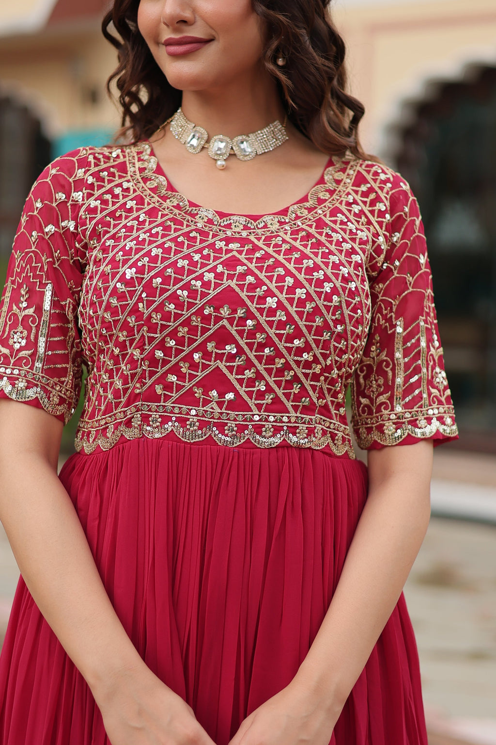 Pink embroidered Nirvi designer flared Anarkali gown