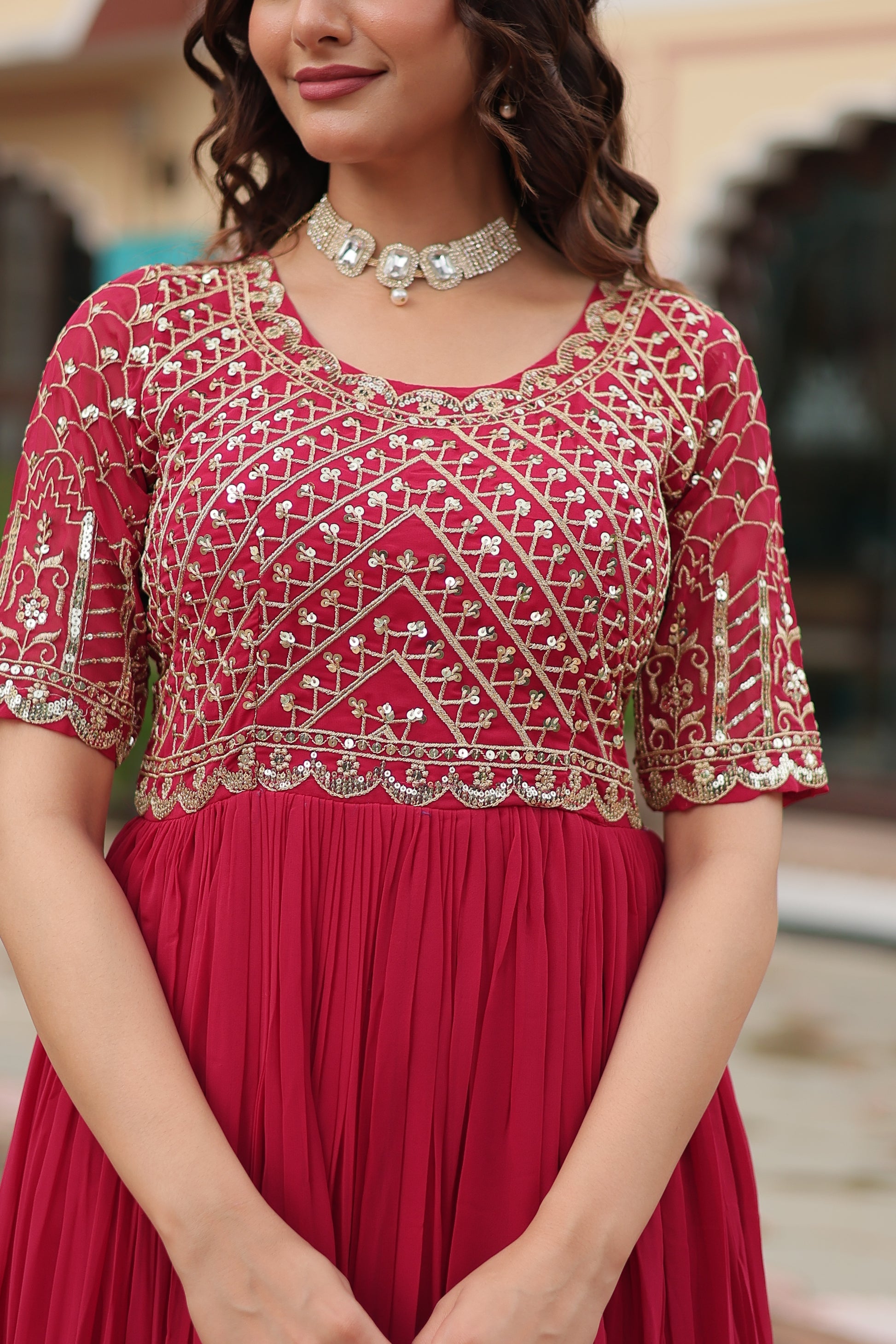 Pink embroidered Nirvi designer flared Anarkali gown