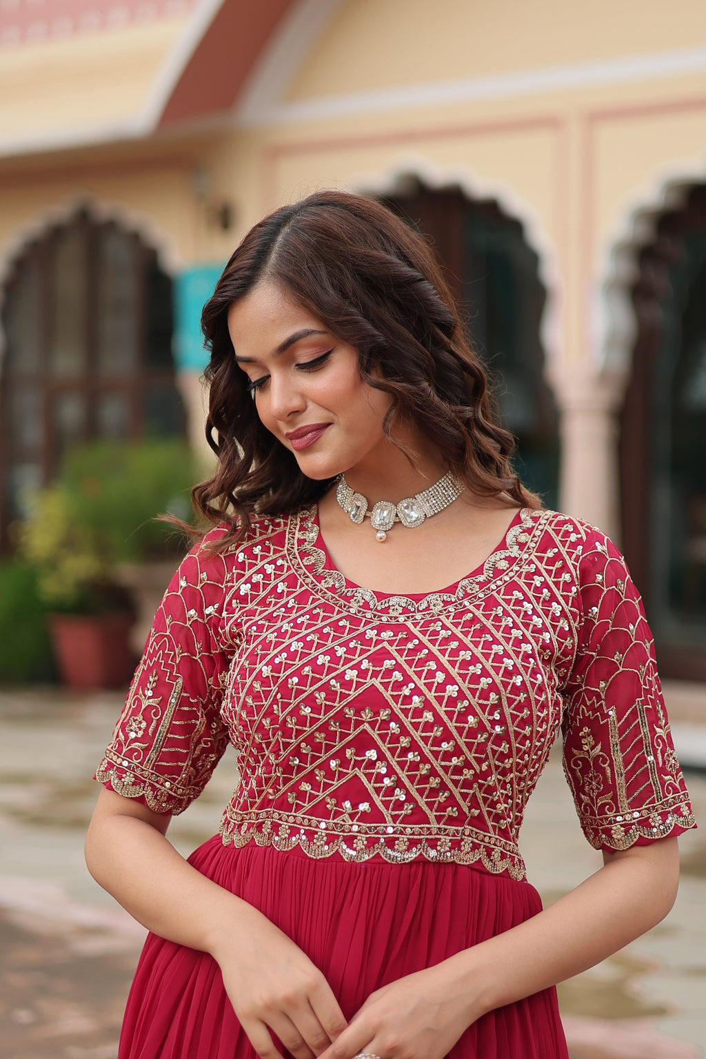 Pink embroidered Nirvi designer flared Anarkali gown