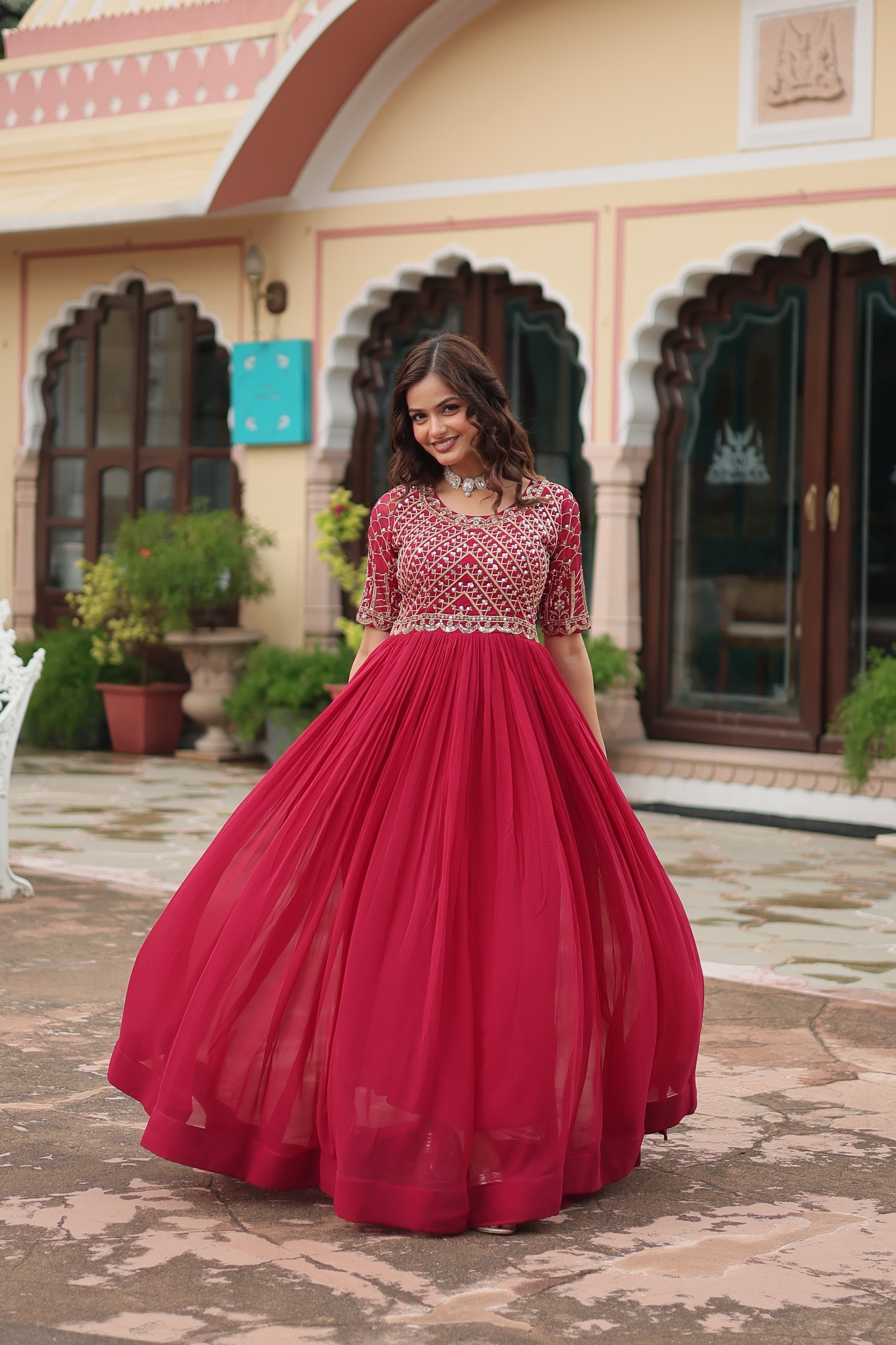 Pink embroidered Nirvi designer flared Anarkali gown