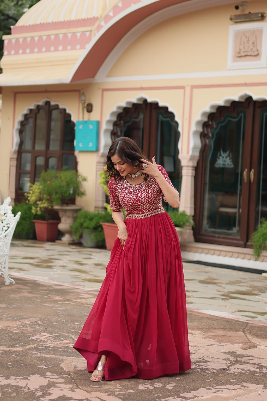 Pink embroidered Nirvi designer flared Anarkali gown
