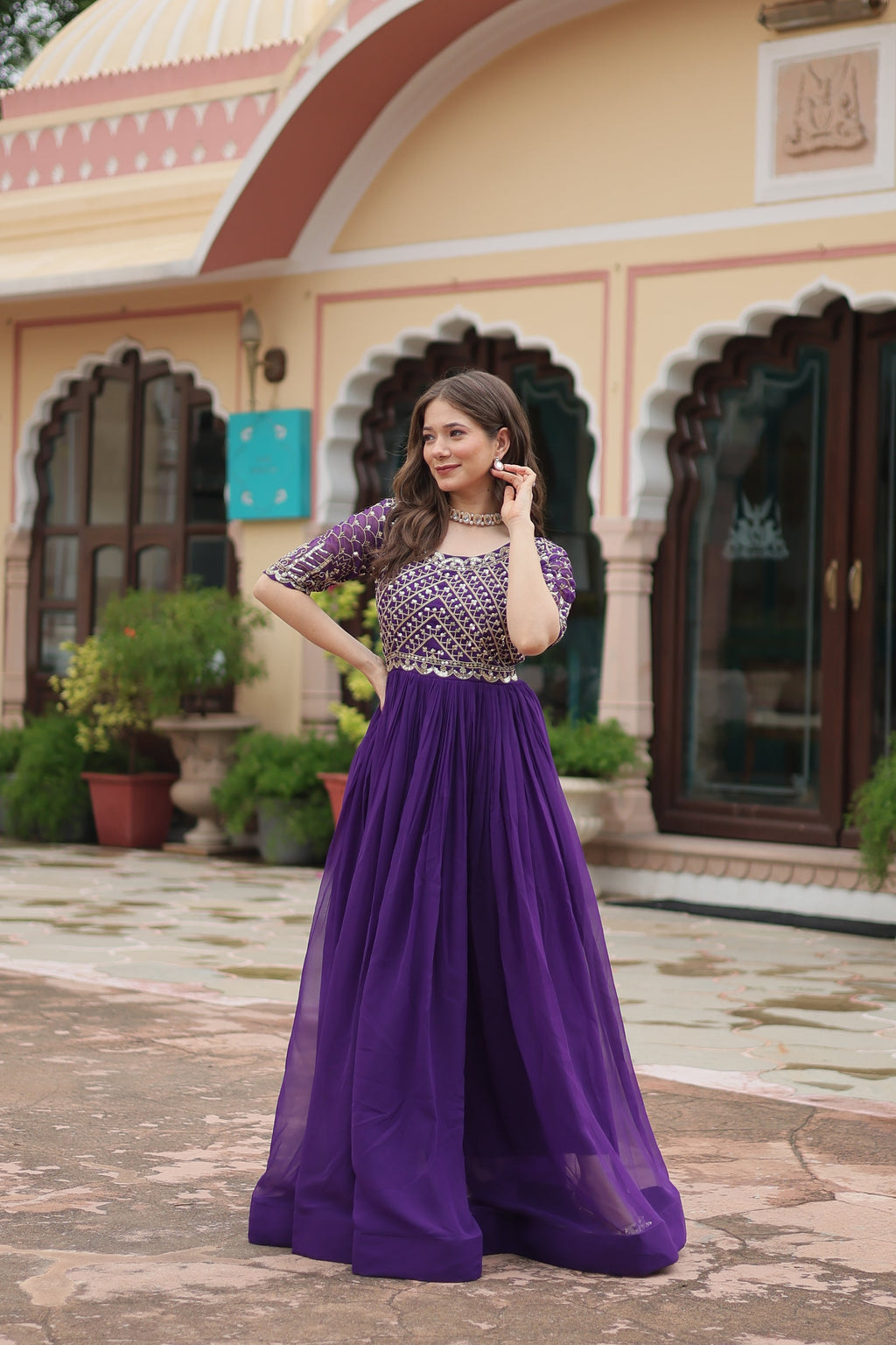 Purple embroidered Nirvi designer flared Anarkali gown