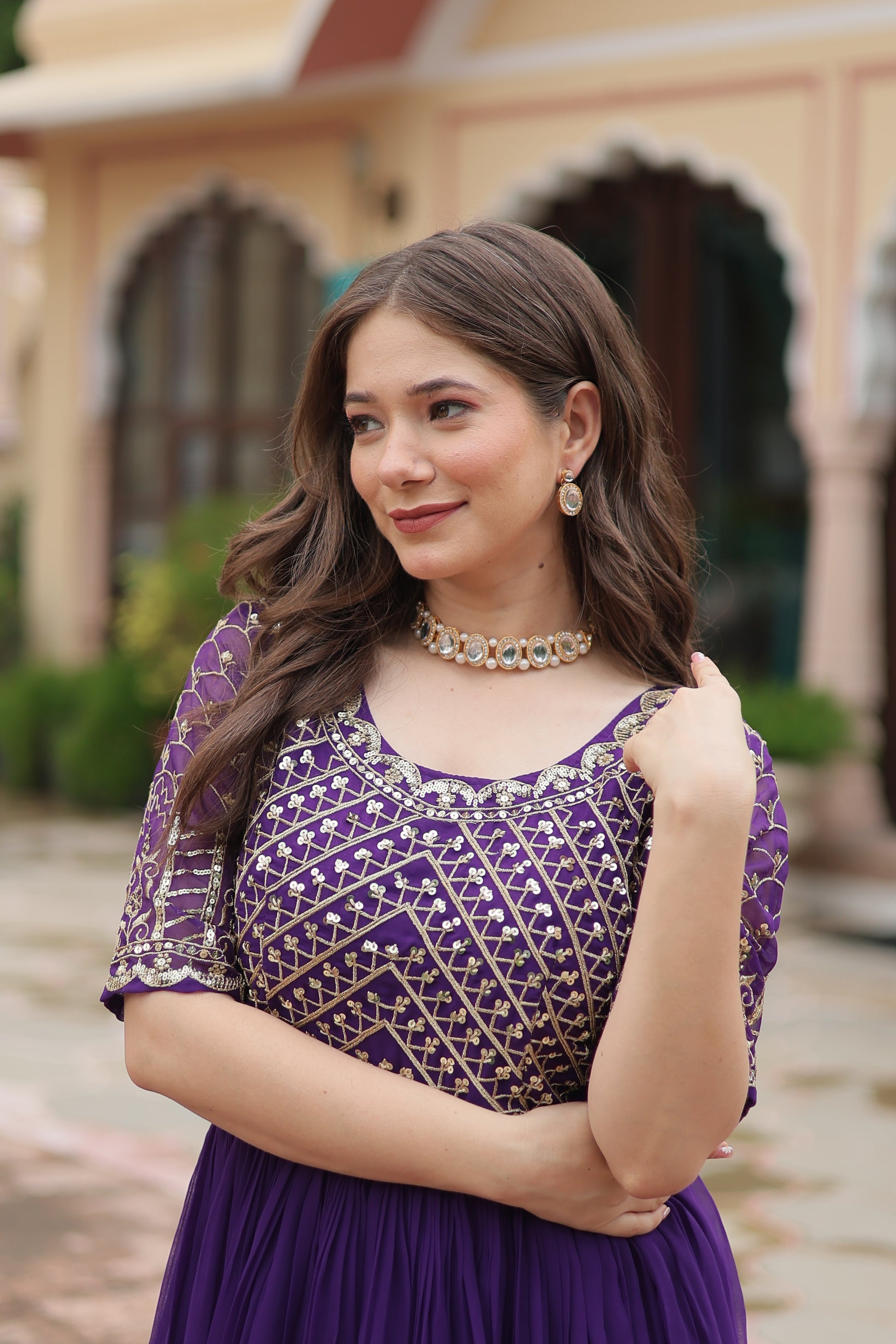 Purple embroidered Nirvi designer flared Anarkali gown