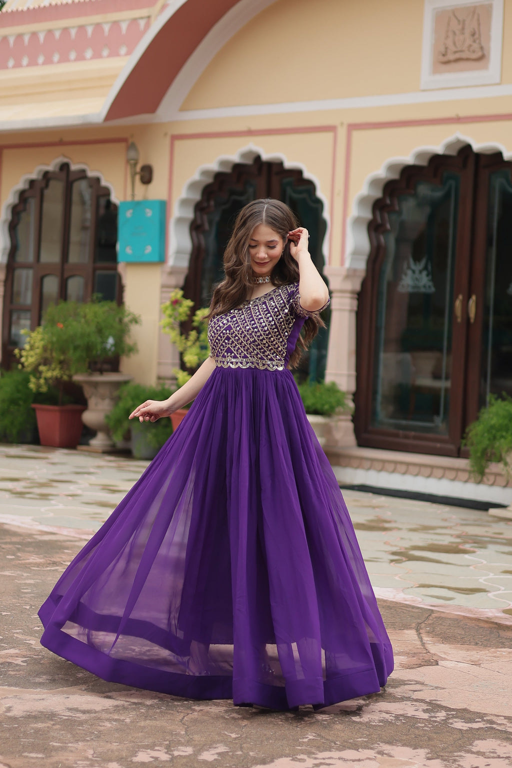 Purple embroidered Nirvi designer flared Anarkali gown