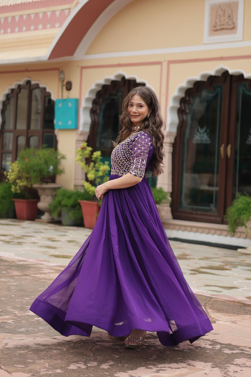Purple embroidered Nirvi designer flared Anarkali gown