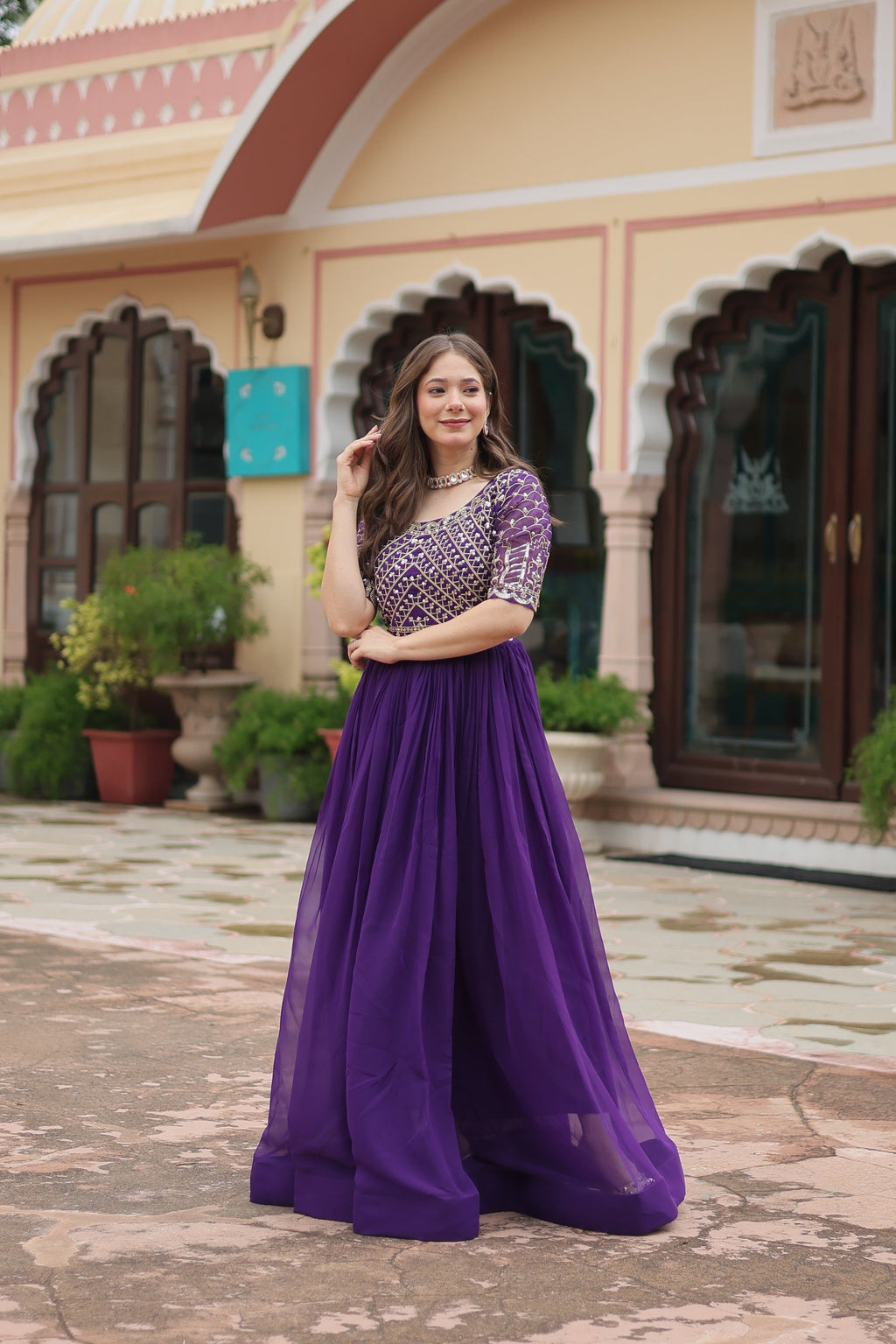 Purple embroidered Nirvi designer flared Anarkali gown