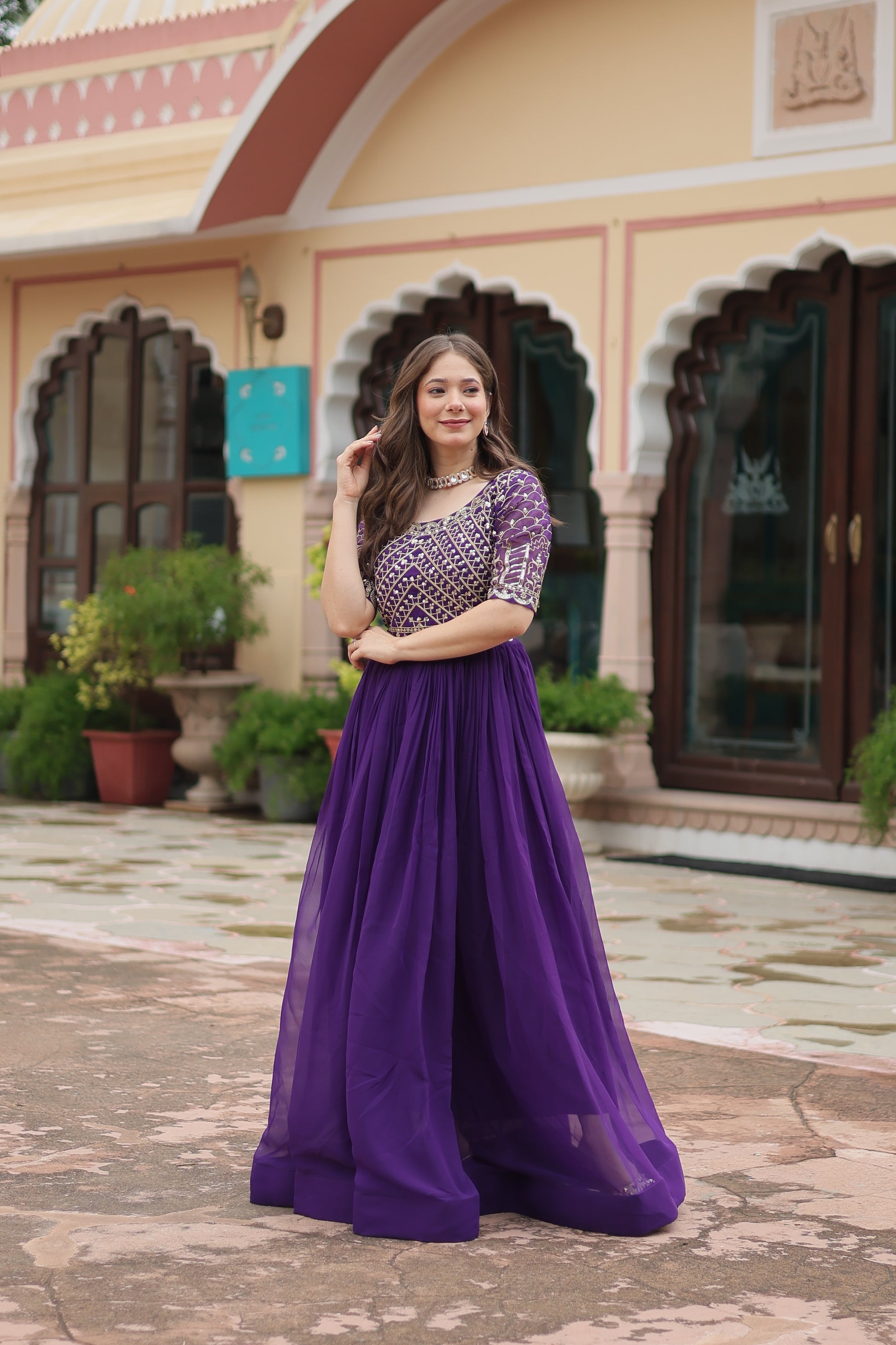 Purple embroidered Nirvi designer flared Anarkali gown